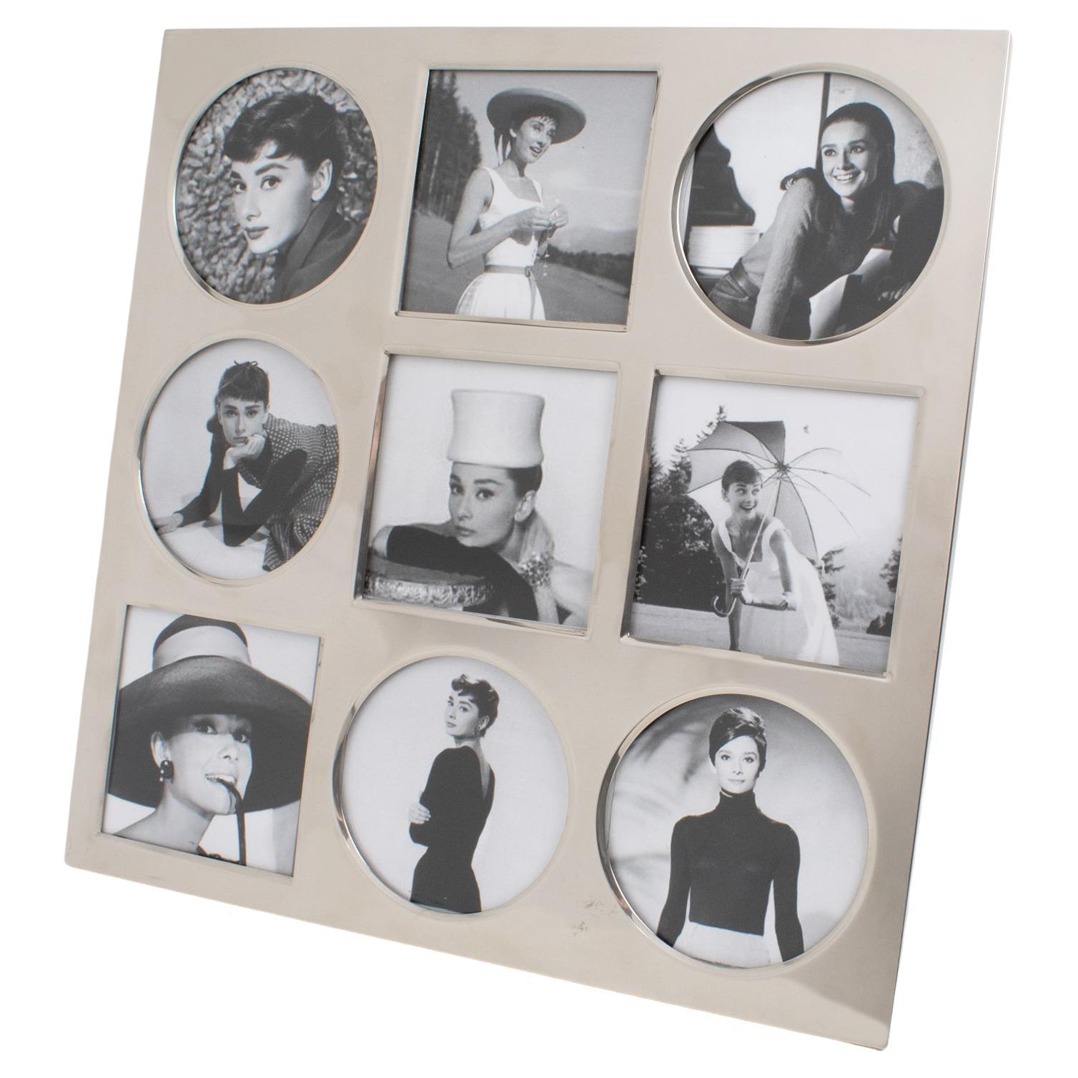 Stunning 1970s Christian Dior silver plated metal picture photo frame. Silver plate geometric shape with multiple opening views (four square and five round shapes.) Designed by this famous French designer for his Home Collection. Timeless and