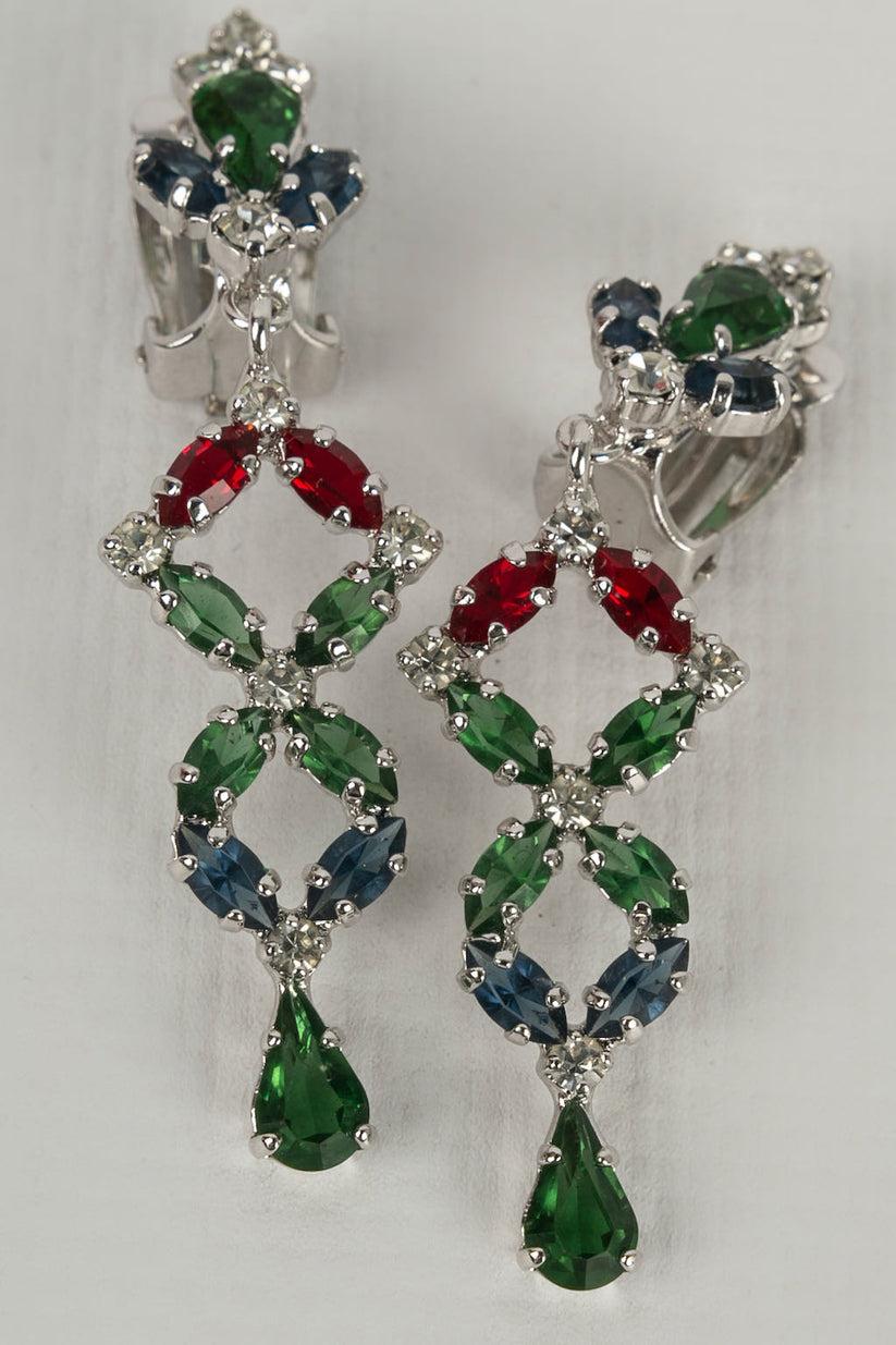 Women's Christian Dior Silver Plated Clip Earrings Paved with Multicolored Rhinestones For Sale