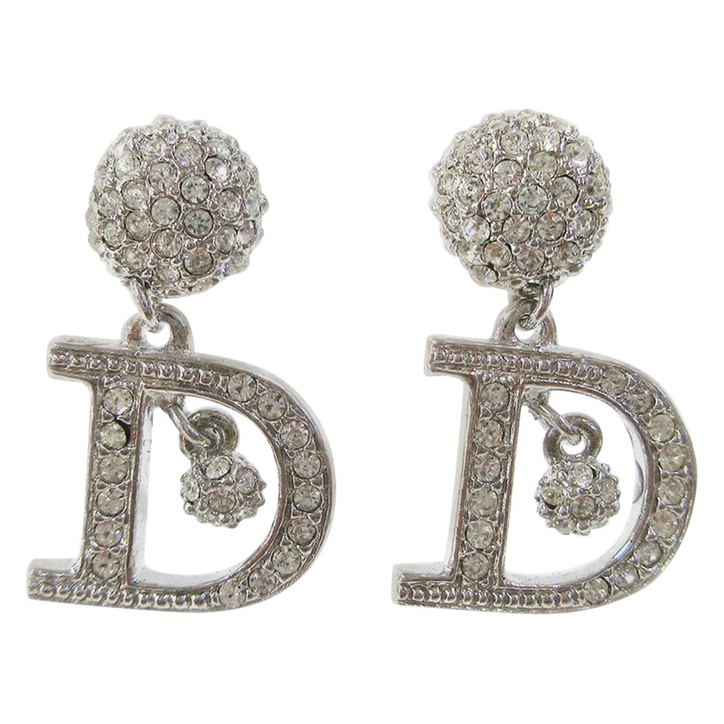 Christian Dior Silver Rhinestone 'D' Logo Charm Dangle Drop Evening Earrings