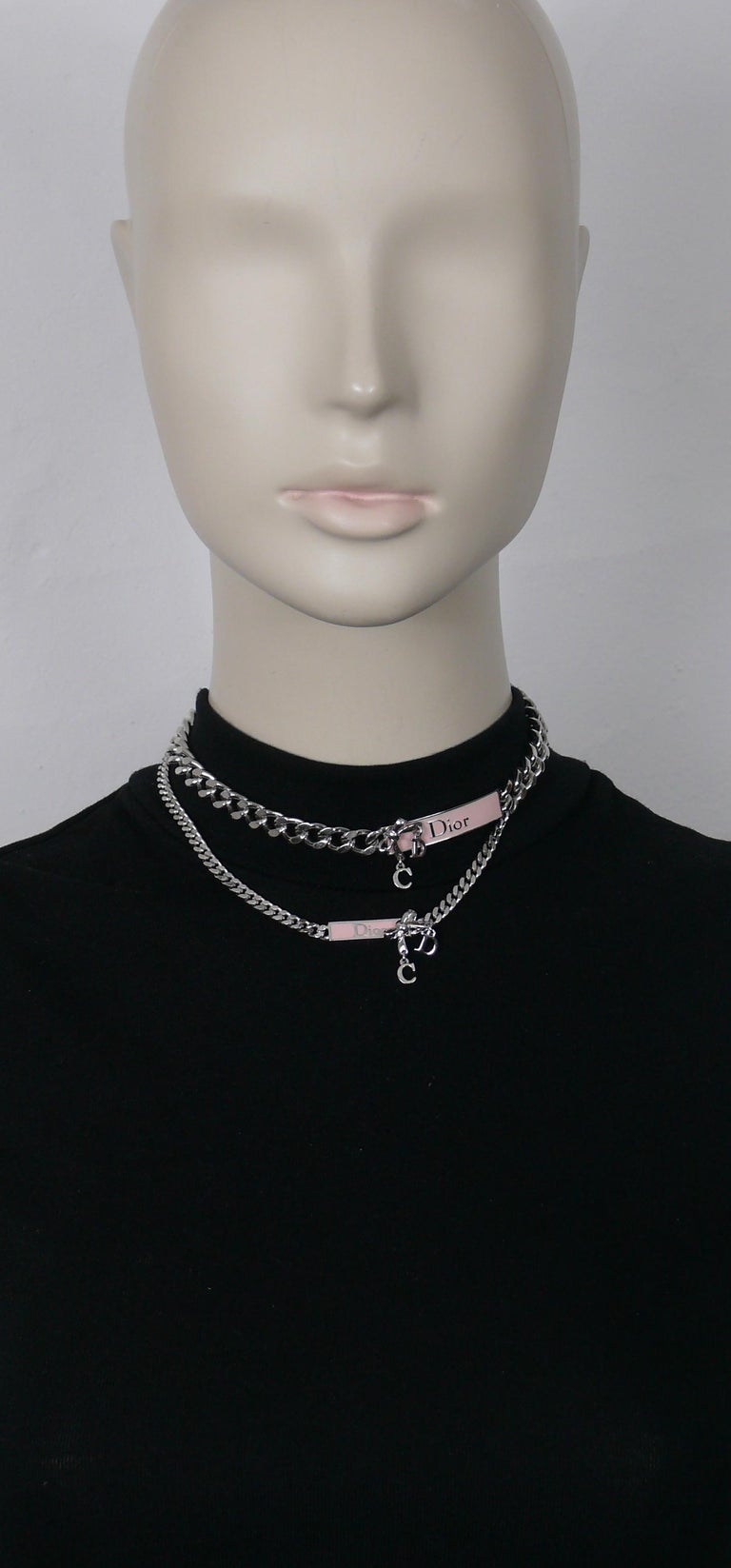 CHRISTIAN DIOR Double Chain and Pink Enamel Dior Tag Bow Necklace at
