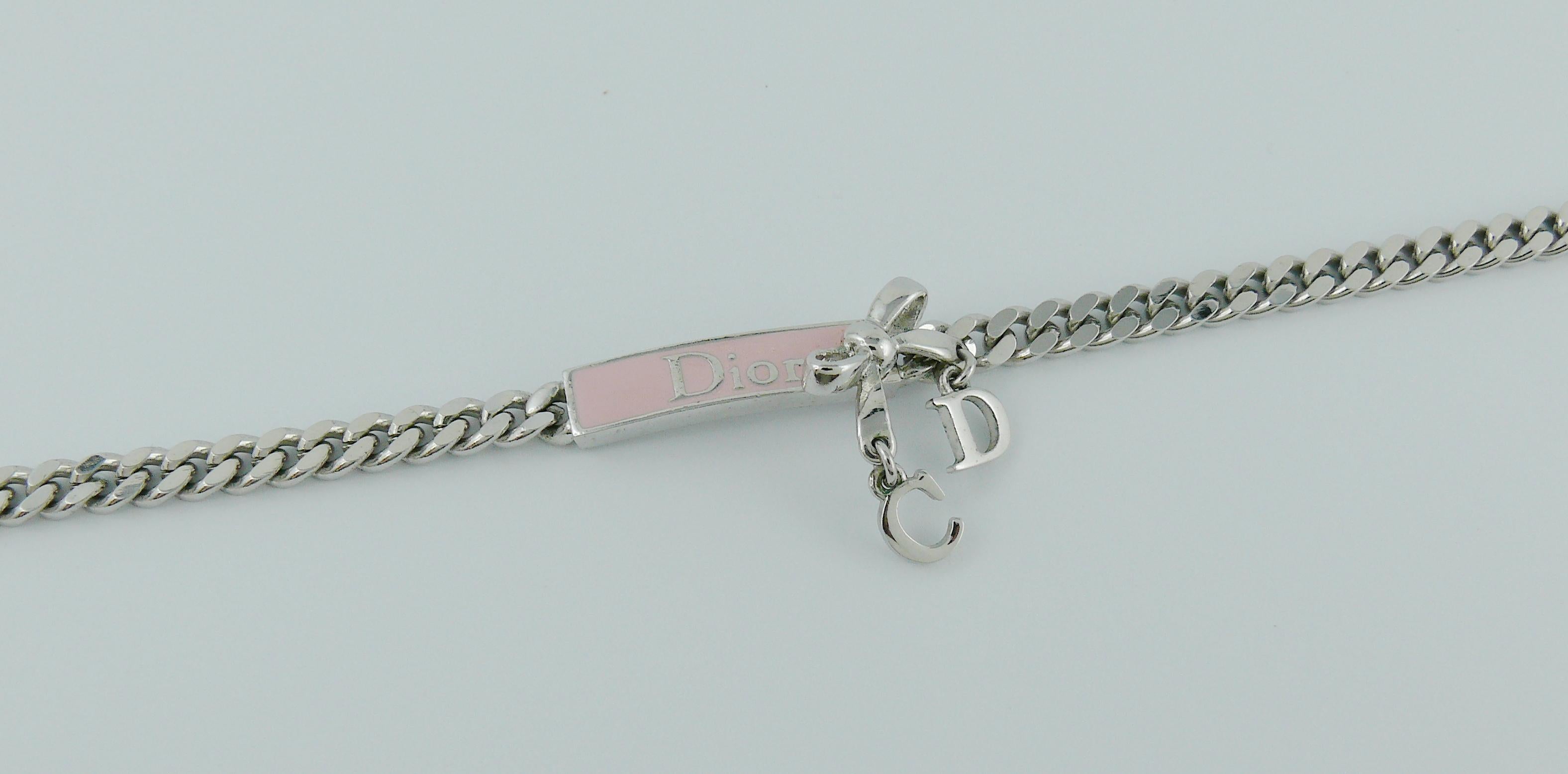 Christian Dior Silver Toned Pink Enamel Dior Tag Bow Necklace In Excellent Condition In Nice, FR