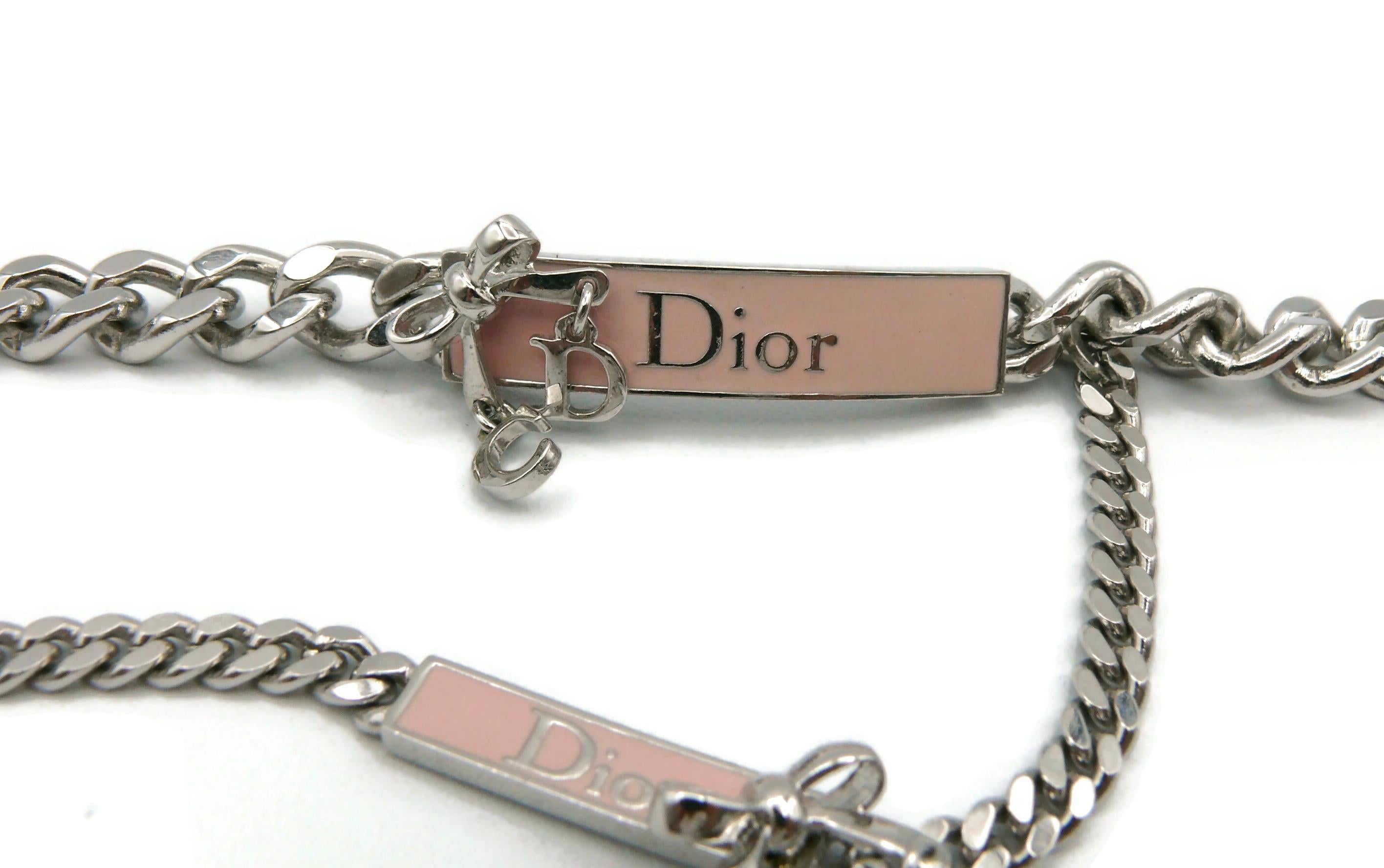 Women's CHRISTIAN DIOR Double Chain and Pink Enamel Dior Tag Bow Necklace
