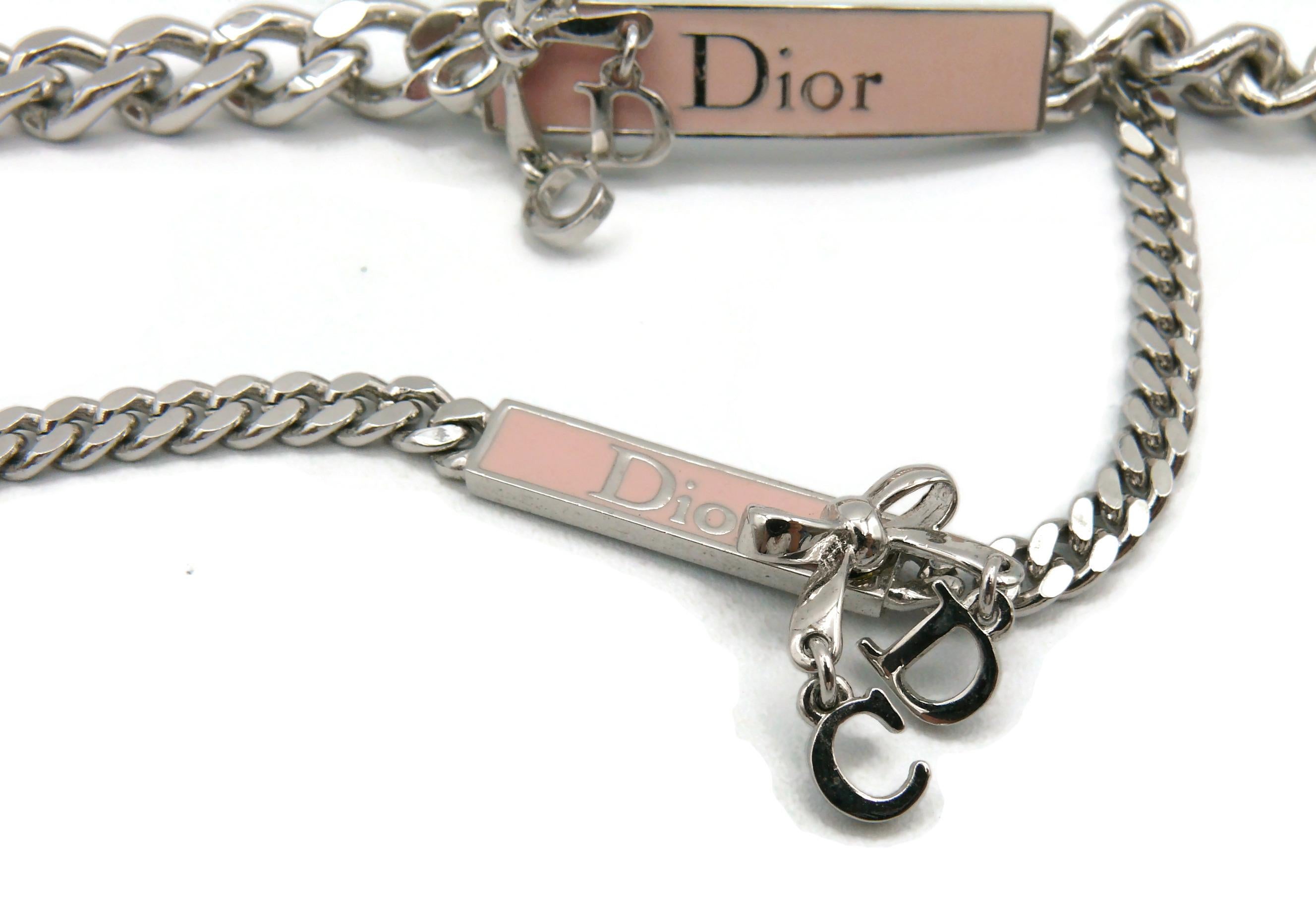 CHRISTIAN DIOR Double Chain and Pink Enamel Dior Tag Bow Necklace 1