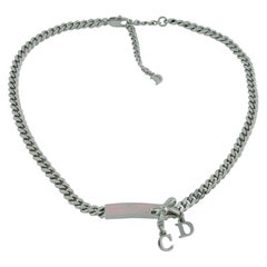 Christian Dior Silver Toned Pink Enamel Dior Tag Bow Necklace