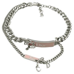 CHRISTIAN DIOR Double Chain and Pink Enamel Dior Tag Bow Necklace