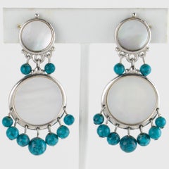 Christian Dior Silvered Metal Clip Earrings with Mother of Pearl and Turquoise