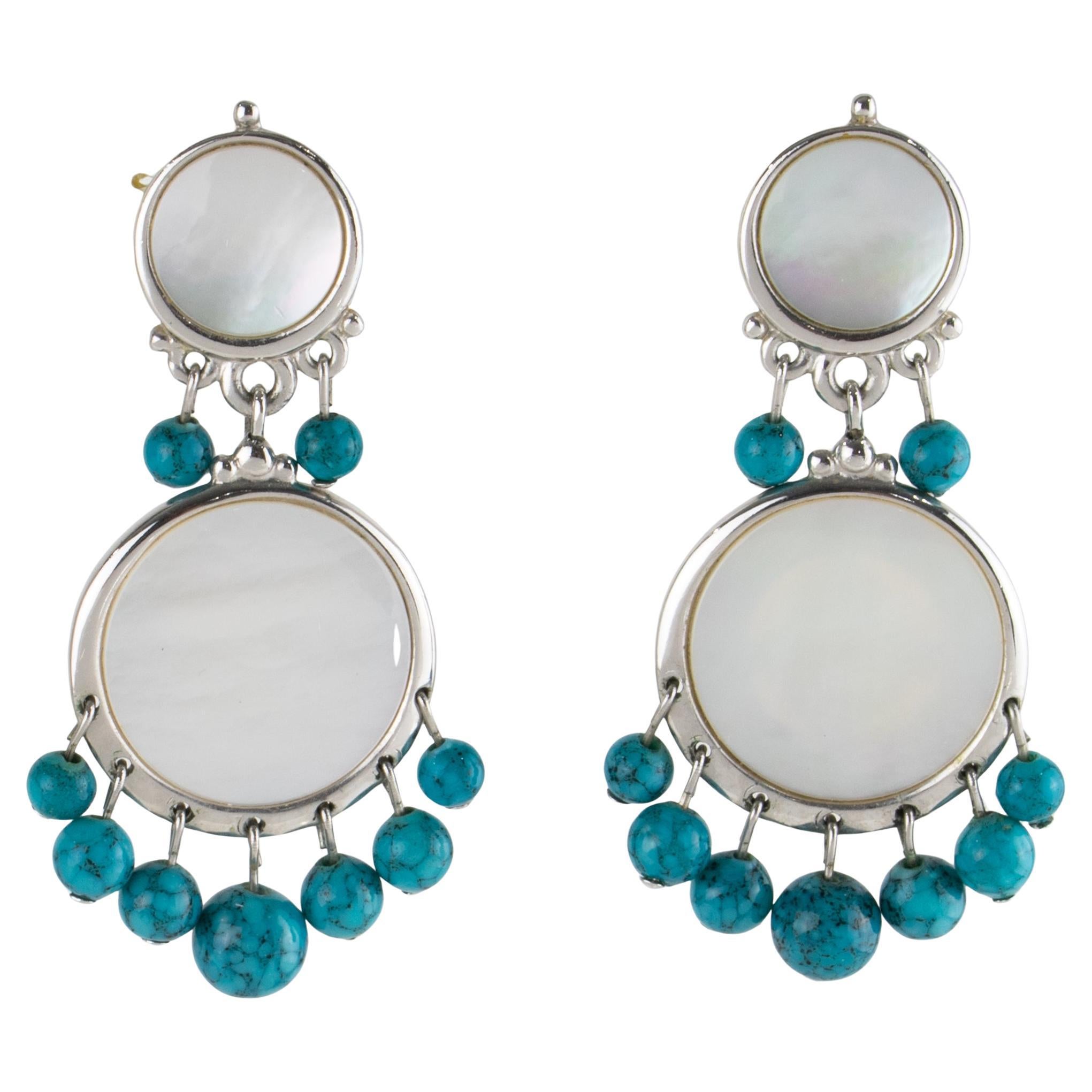 Christian Dior Silvered Metal Clip Earrings with Mother of Pearl and Turquoise en vente