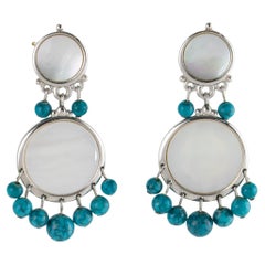 Christian Dior Silvered Metal Clip Earrings with Mother of Pearl and Turquoise