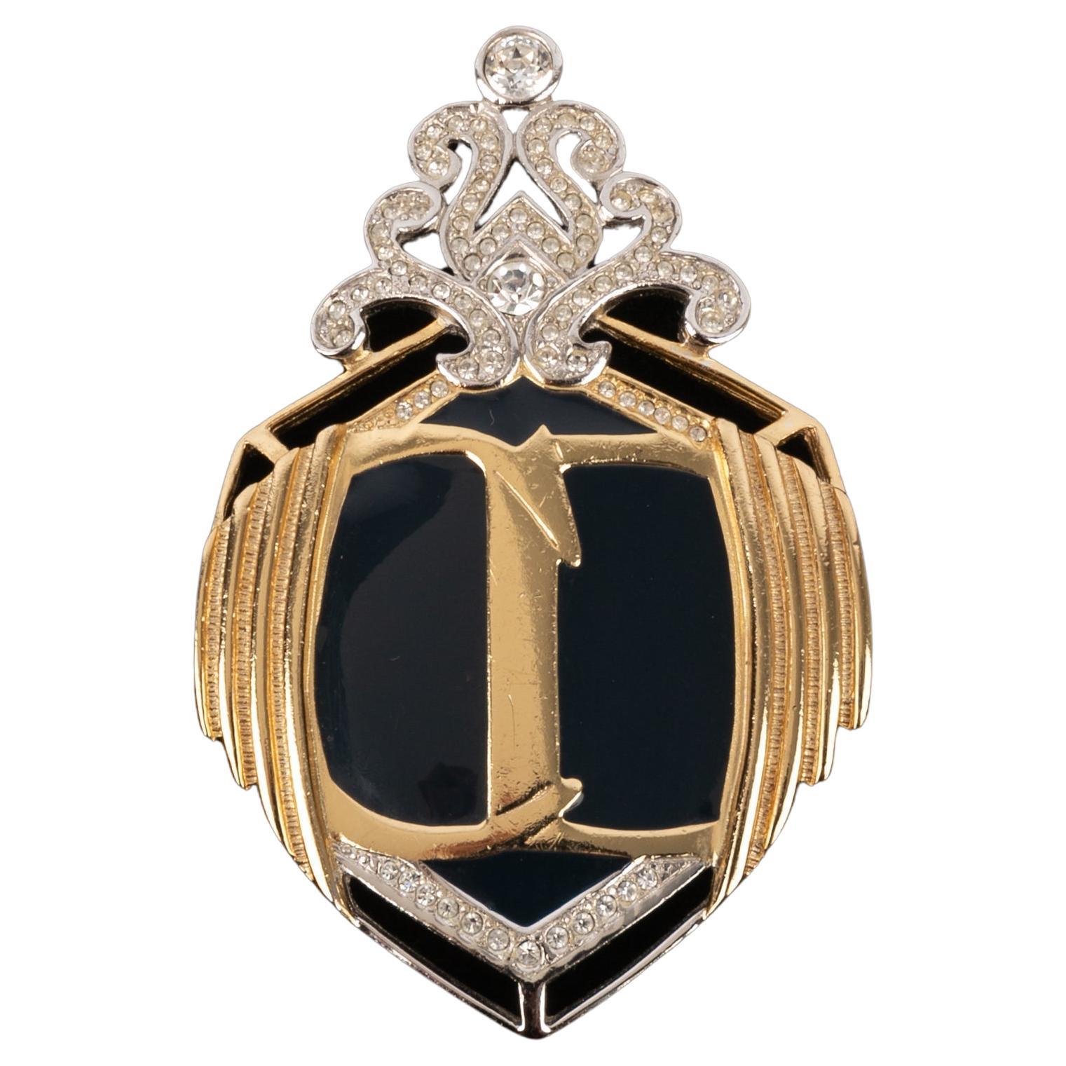 Christian Dior Silvery and Golden Metal Brooch For Sale
