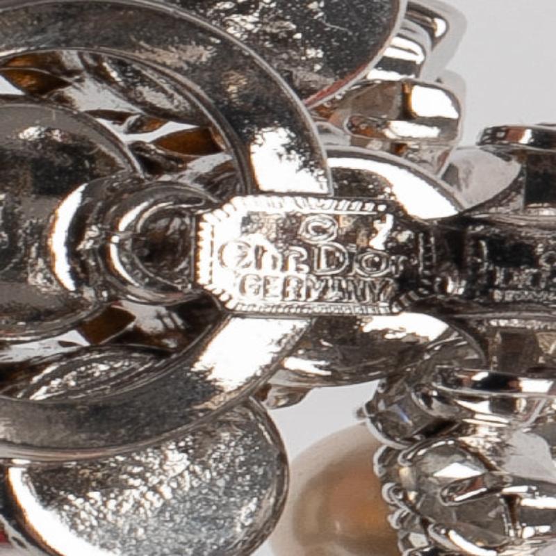 Christian Dior Silvery Metal Clip-on Earrings with Rhinestones For Sale 2