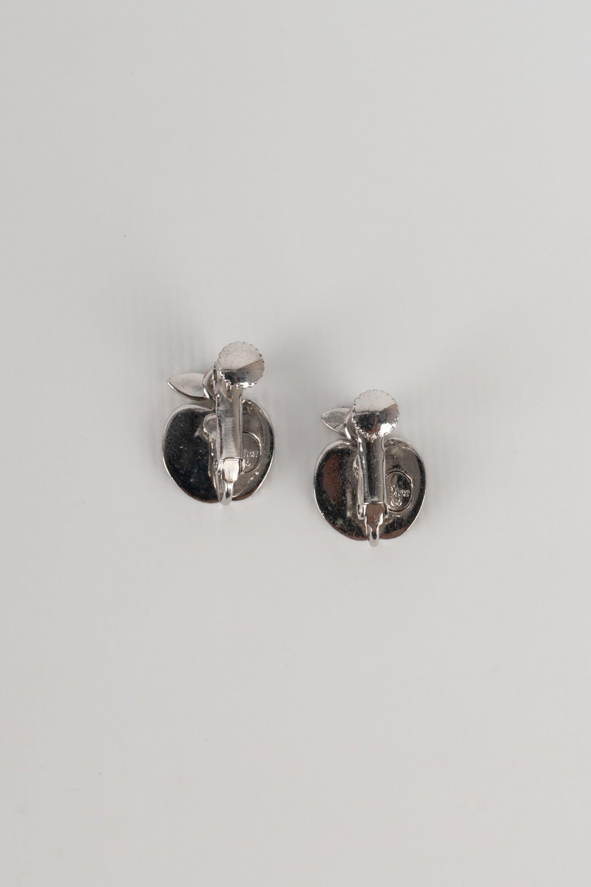 Women's Christian Dior Silvery Metal Earrings with Enamel For Sale