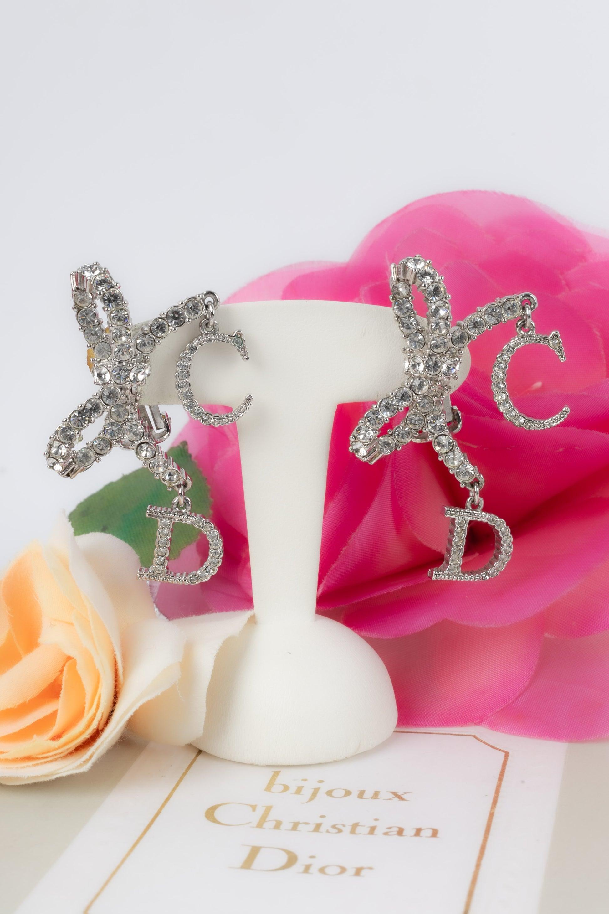 Christian Dior Silvery Metal Earrings with Swarovski Rhinestones For Sale 3