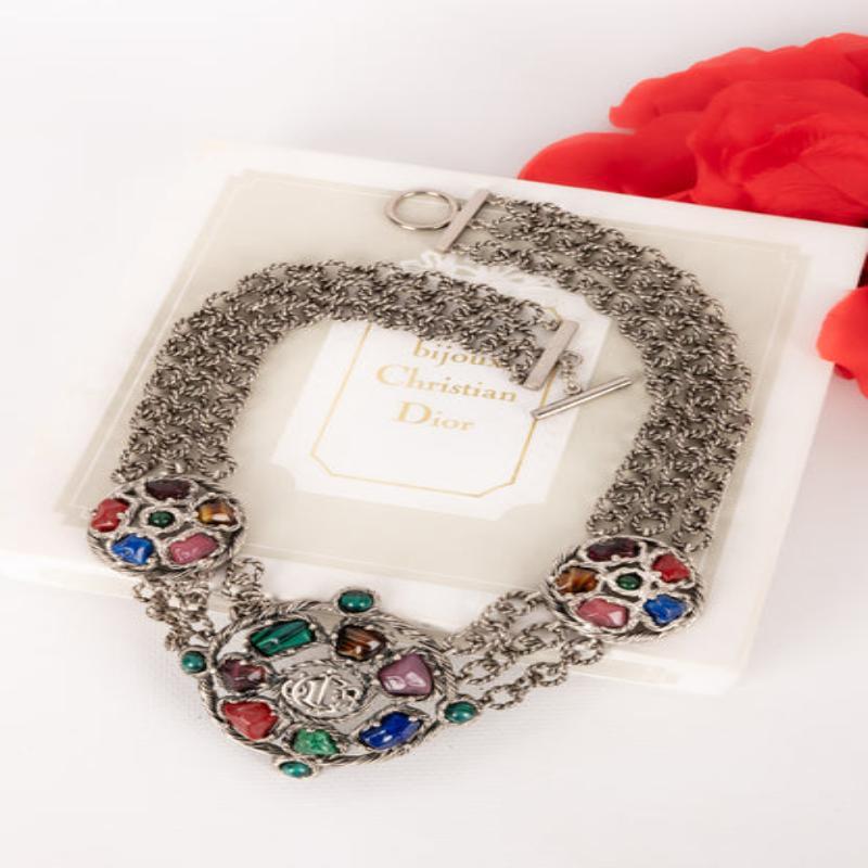 Christian Dior Silvery Metal Necklace with Glass Paste Cabochons, 1990 For Sale 6