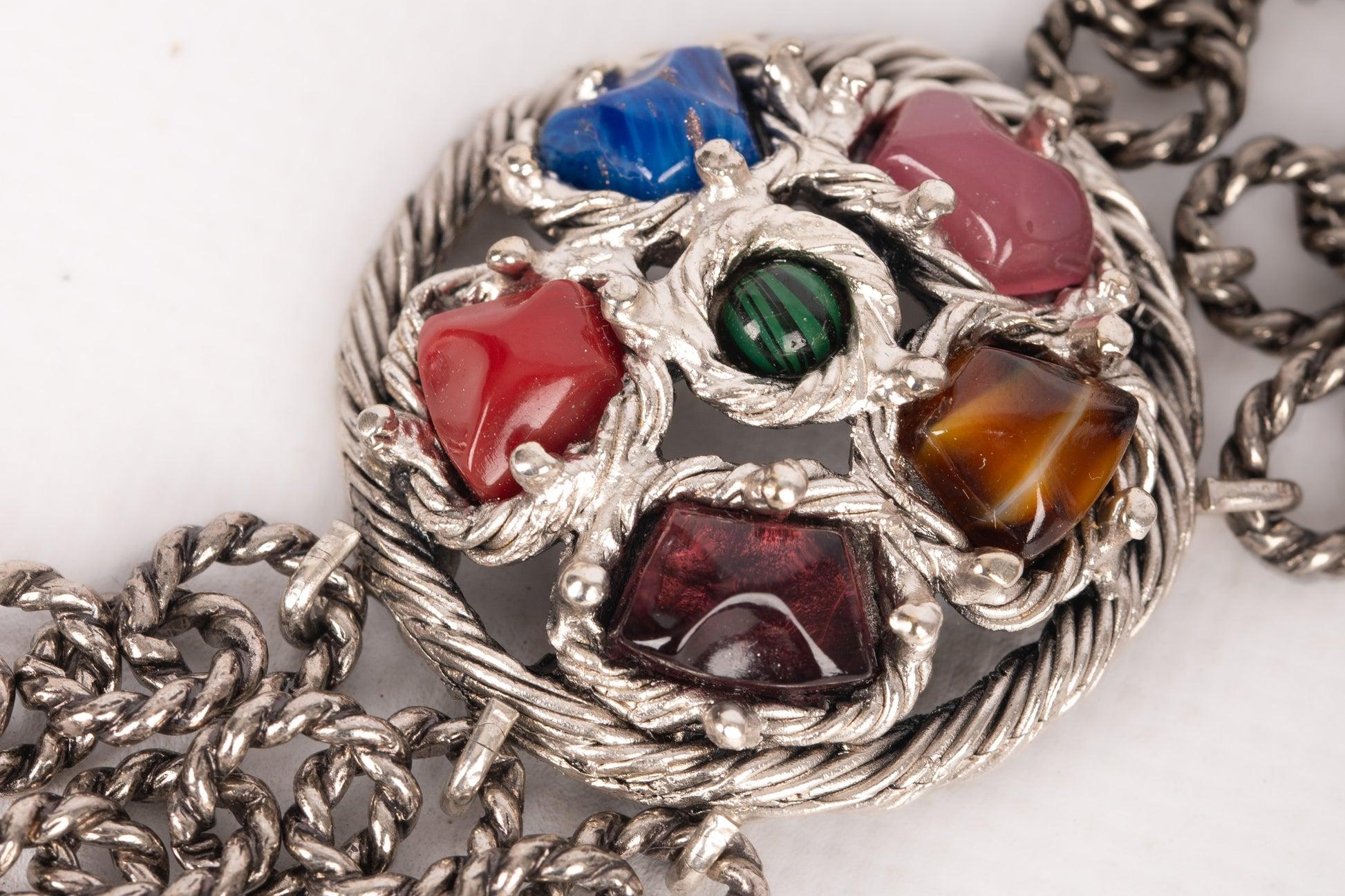 Christian Dior Silvery Metal Necklace with Glass Paste Cabochons, 1990 In Excellent Condition For Sale In SAINT-OUEN-SUR-SEINE, FR