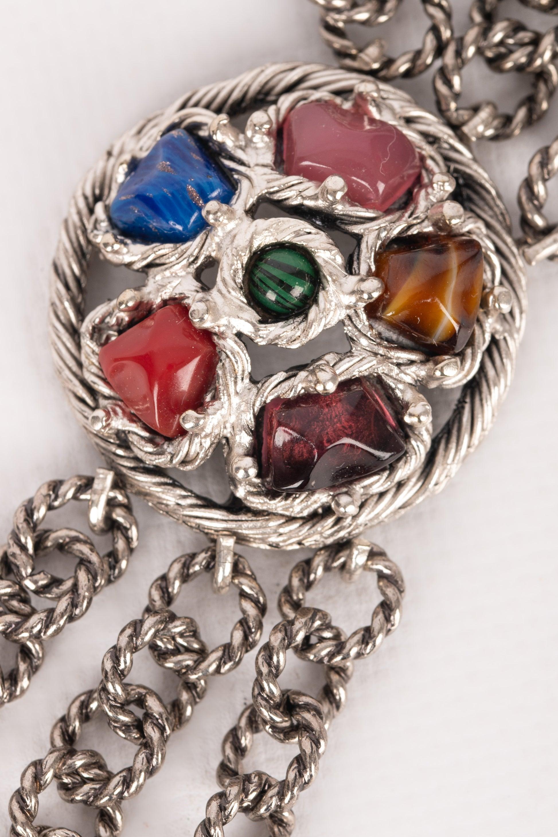 Christian Dior Silvery Metal Necklace with Glass Paste Cabochons, 1990 For Sale 1