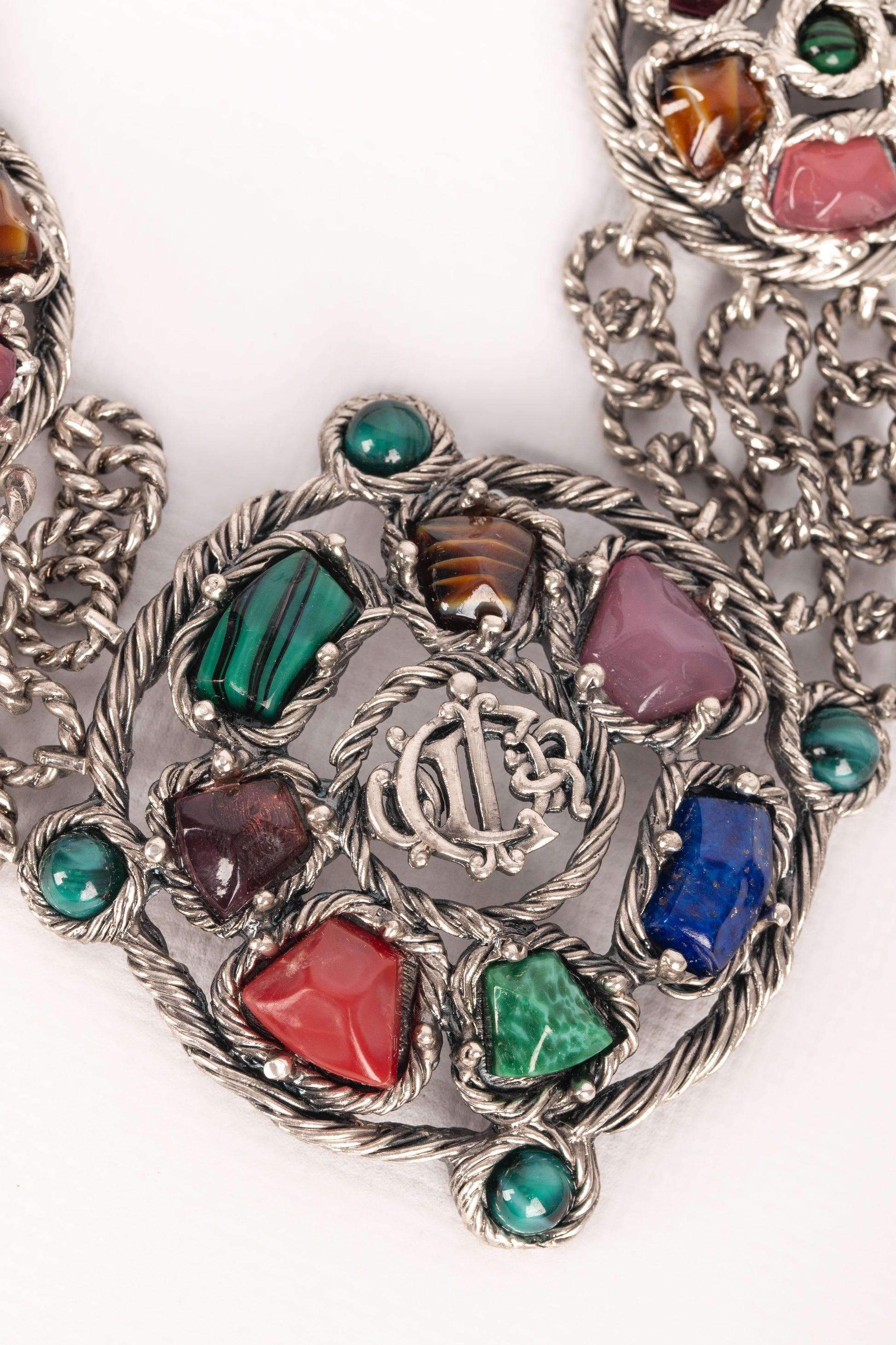 Christian Dior Silvery Metal Necklace with Glass Paste Cabochons, 1990 For Sale 2