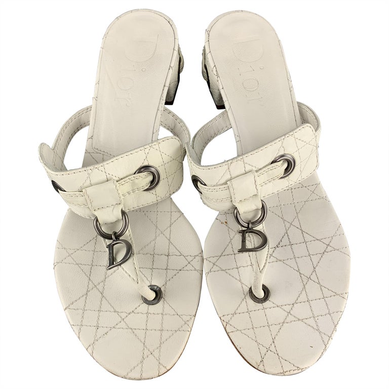 CHRISTIAN DIOR Size 10 White Cannage Leather D Loop Thong Mule Sandals ...