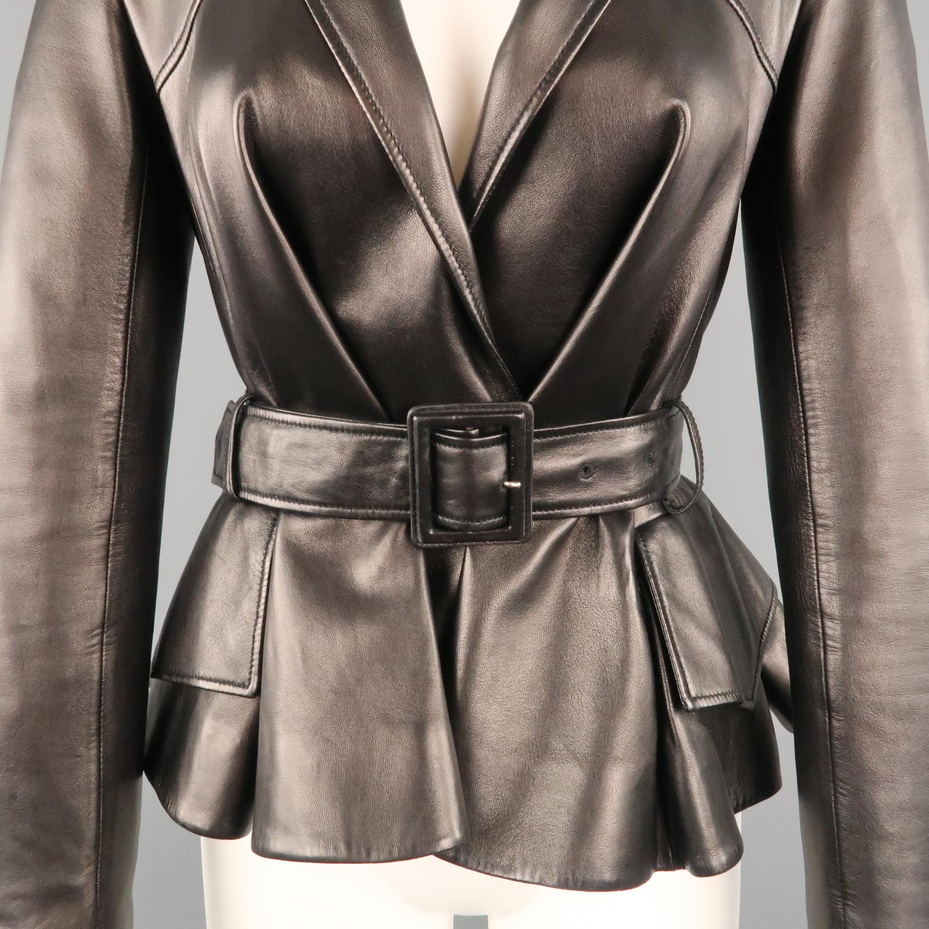 CHRISTIAN DIOR Size 4 Black Leather Belted Peplum Blazer In Excellent Condition In San Francisco, CA