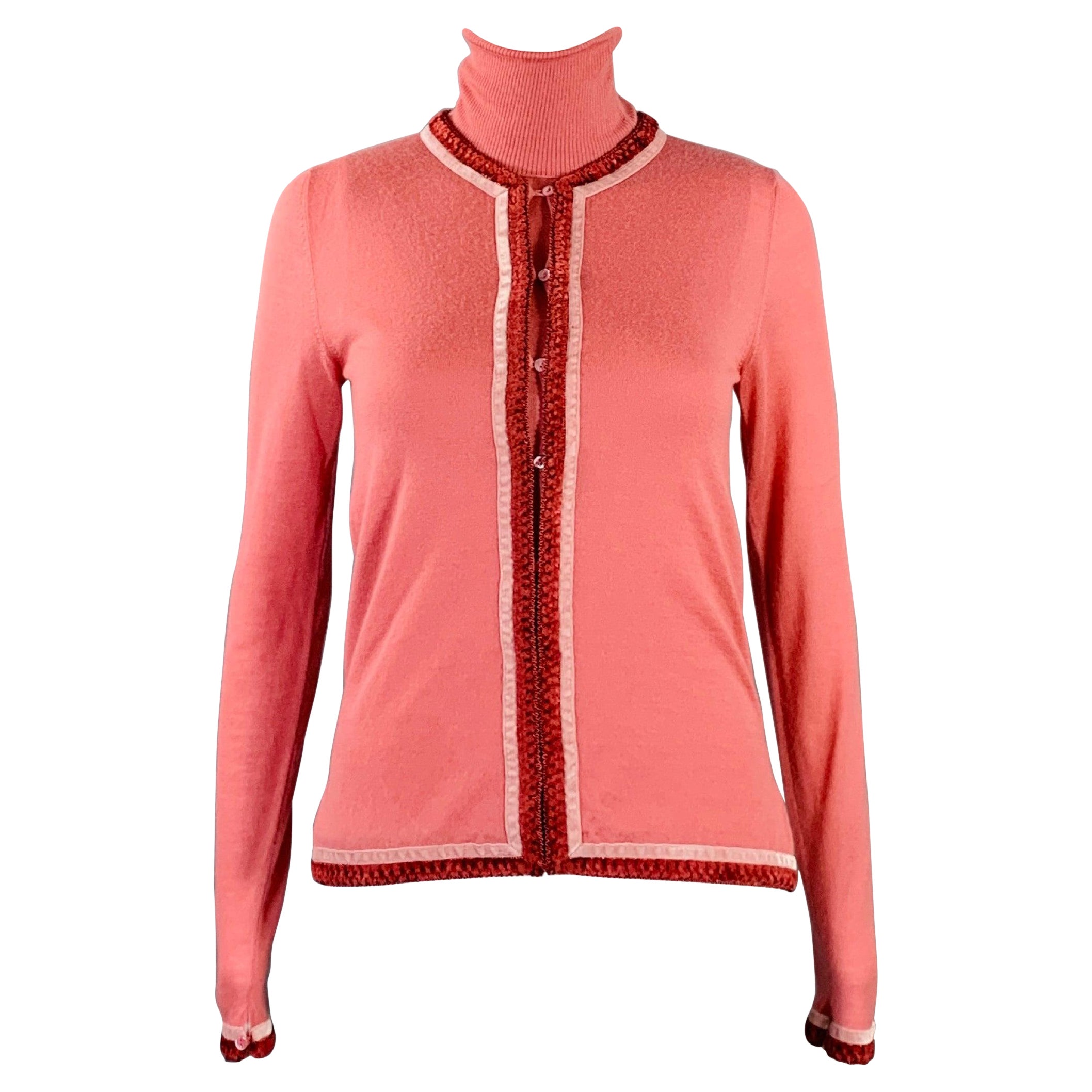 CHRISTIAN DIOR Size 4 Pink Cashmere Contrast Trim Turtleneck Cardigan Set For Sale