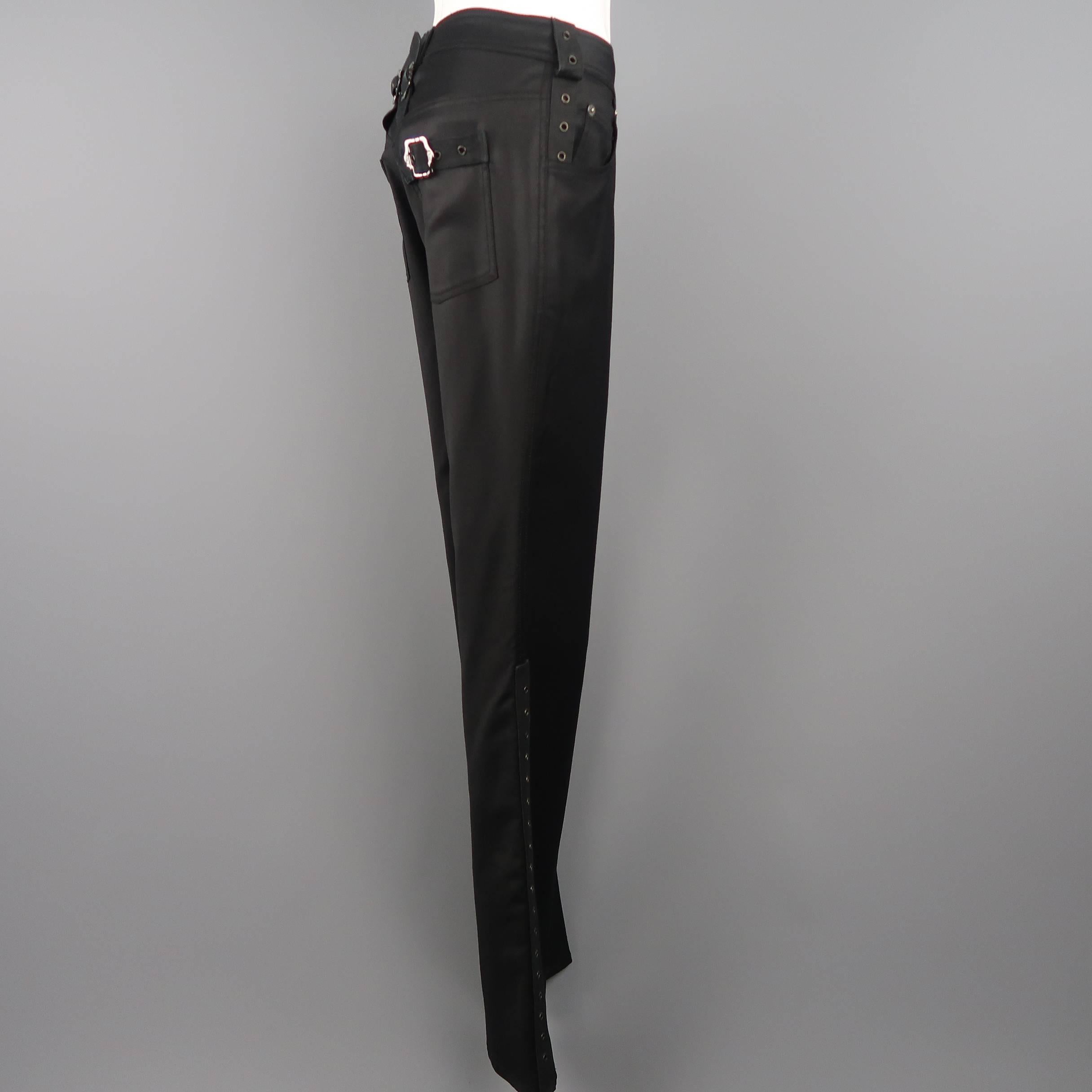 CHRISTIAN DIOR Size 6 Black Grommet Trim Buckle Pocket Boot Cut Pants In Good Condition In San Francisco, CA