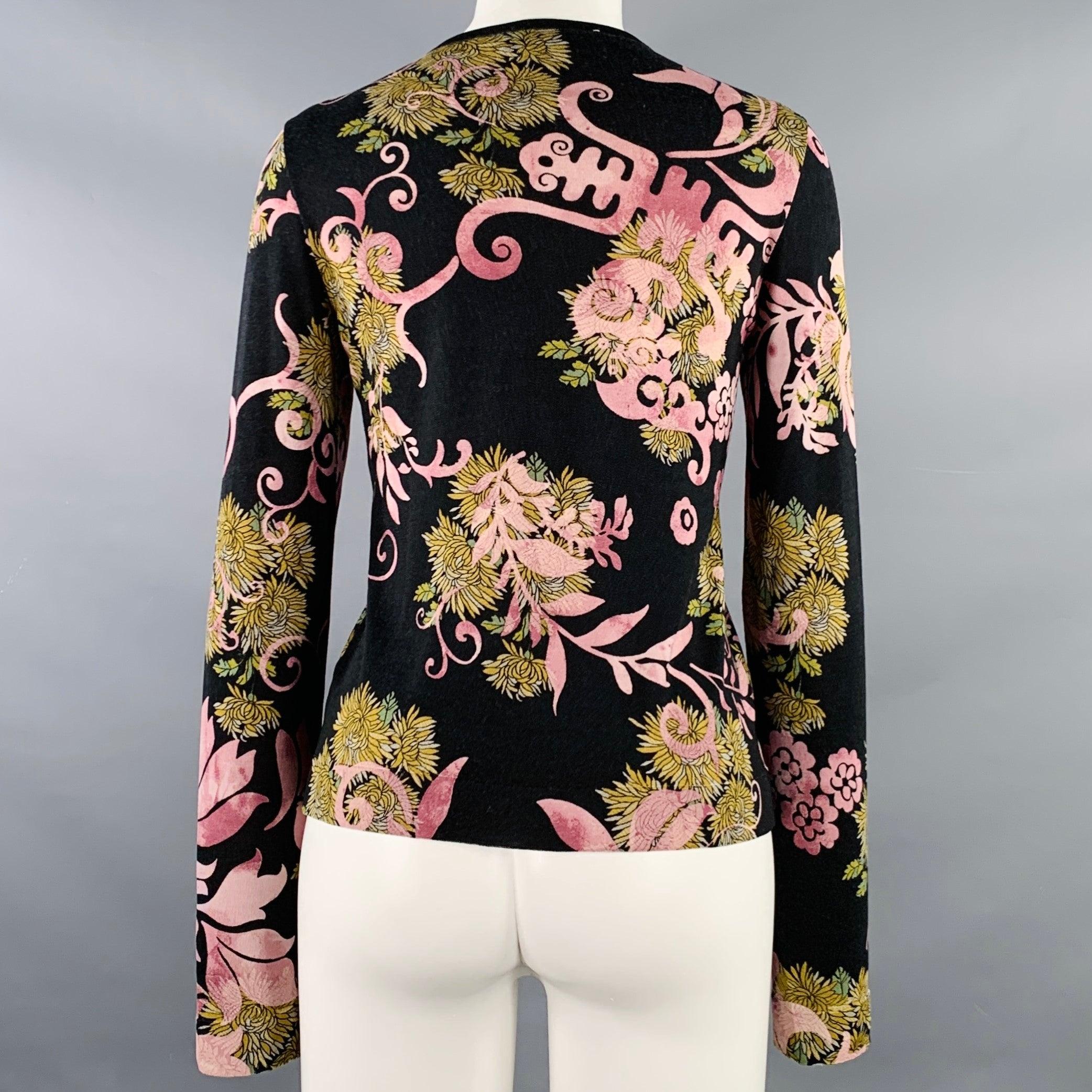 CHRISTIAN DIOR Size 6 Black Purple Wool Blend Abstract Floral Cardigan In Good Condition For Sale In San Francisco, CA