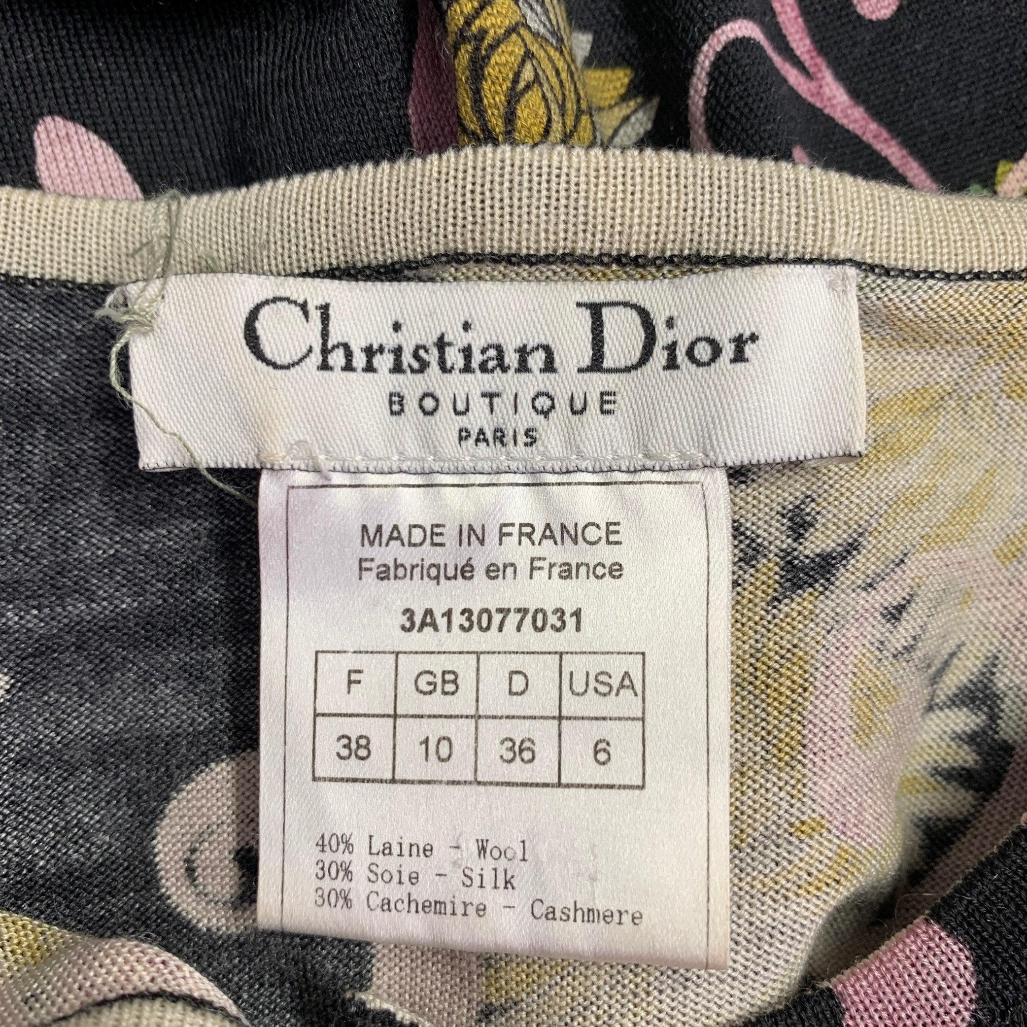 Women's CHRISTIAN DIOR Size 6 Black Purple Wool Blend Abstract Floral Cardigan For Sale