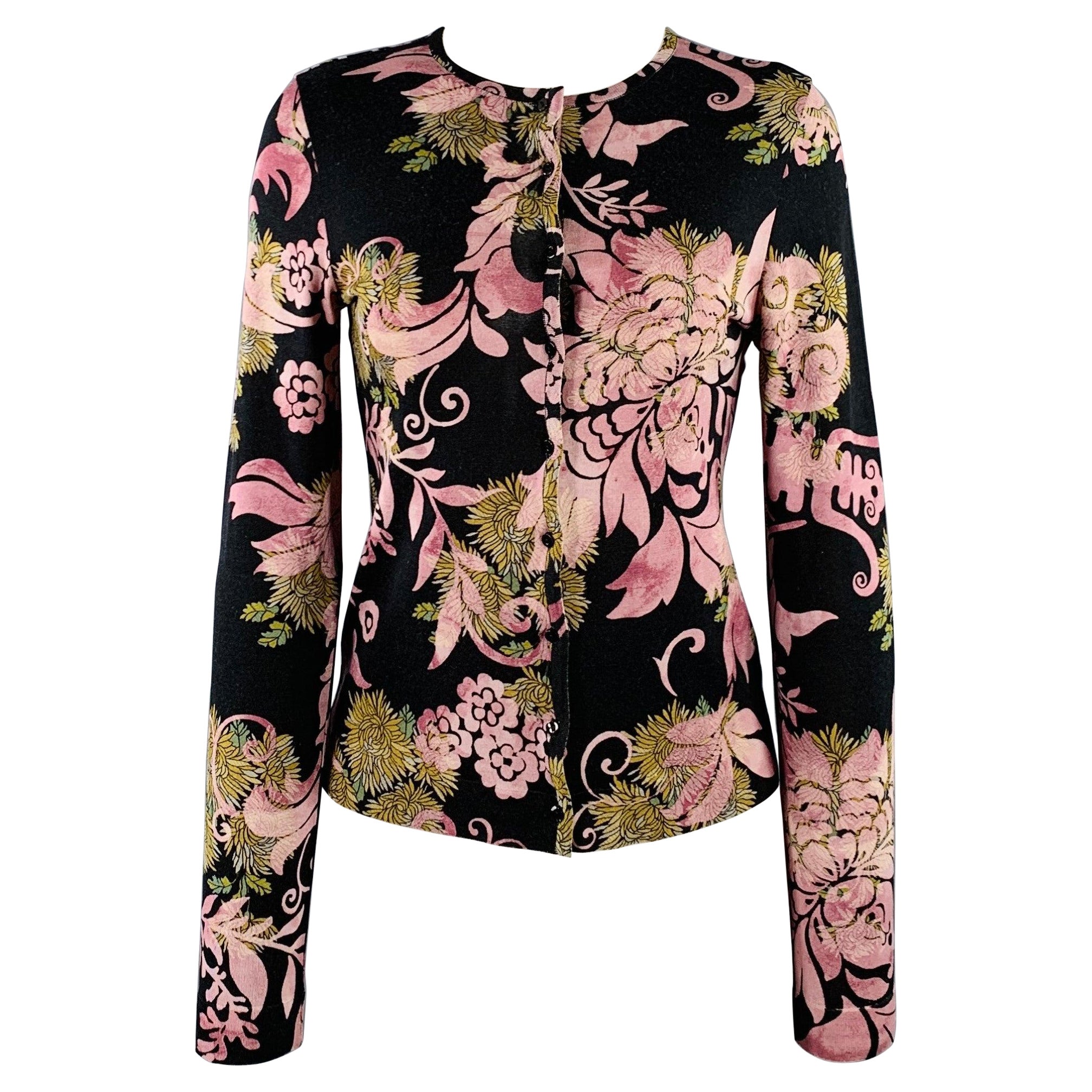 CHRISTIAN DIOR Size 6 Black Purple Wool Blend Abstract Floral Cardigan