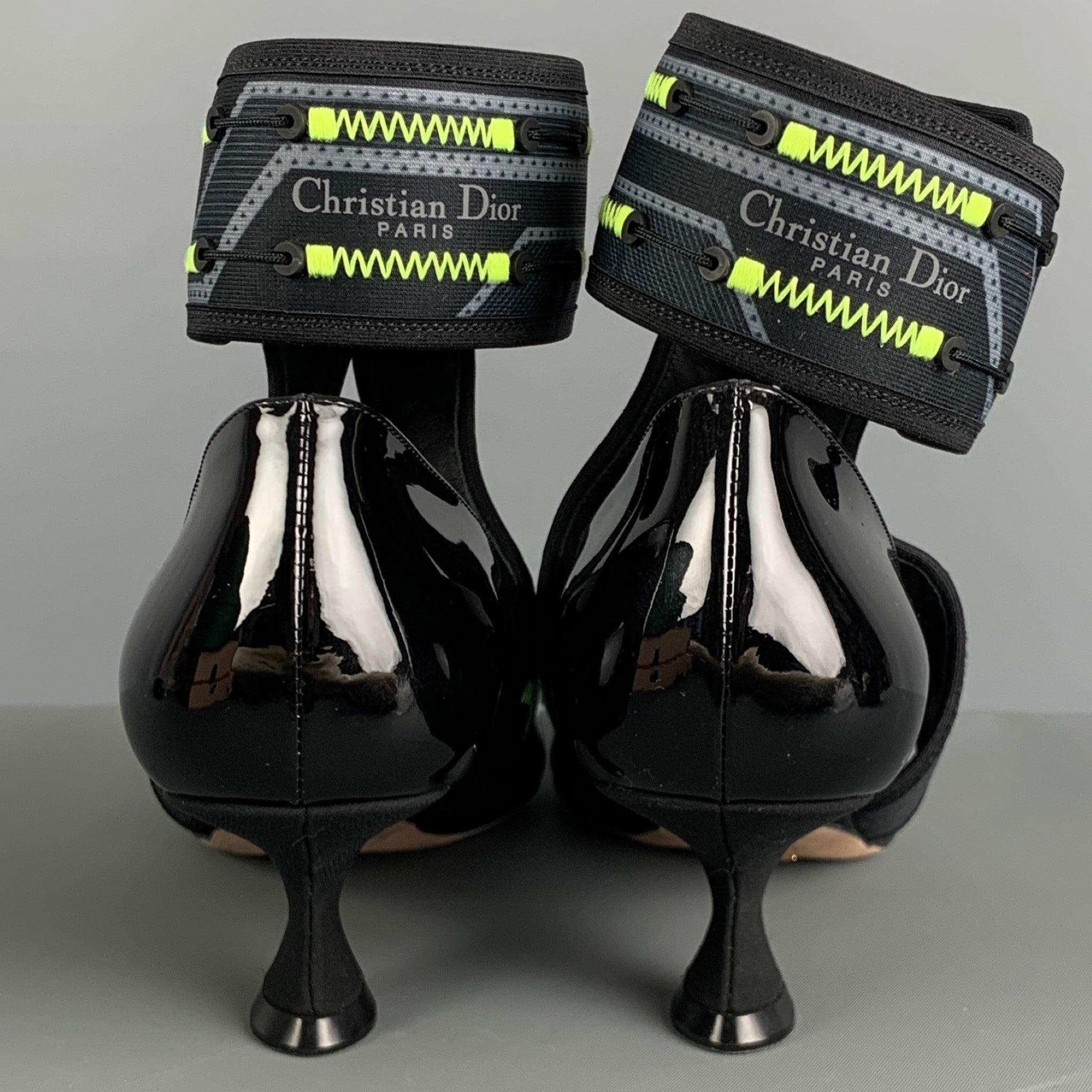 CHRISTIAN DIOR Size 7 Black Yellow Patent Leather Square Toe Pumps In Excellent Condition For Sale In San Francisco, CA