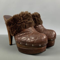 CHRISTIAN DIOR Size 8 Brown Leather Waffle Shearling Clog Pumps