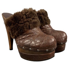 Christian Dior Taglia 8 Pelle Marrone Waffle Shearling Zoccolo Pompe Regolari
