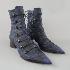 CHRISTIAN DIOR Size 8.5 Navy Jacquard Orange Block Heel Pointed Toe Ankle Boots
