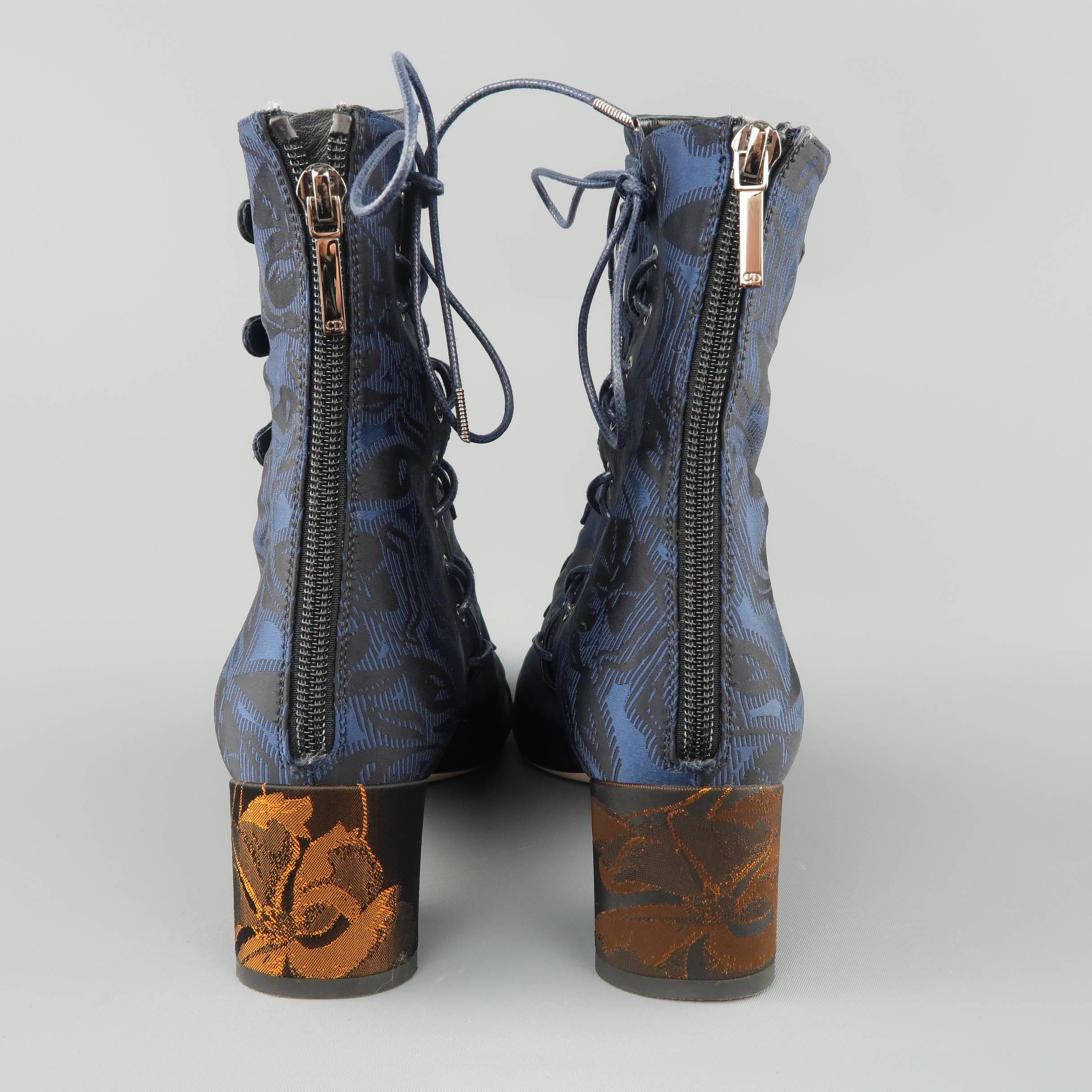 CHRISTIAN DIOR Size 8.5 Navy Jacquard Orange Block Heel Pointed Toe Ankle Boots In Good Condition In San Francisco, CA
