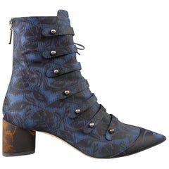CHRISTIAN DIOR Size 8.5 Navy Jacquard Orange Block Heel Pointed Toe Ankle Boots