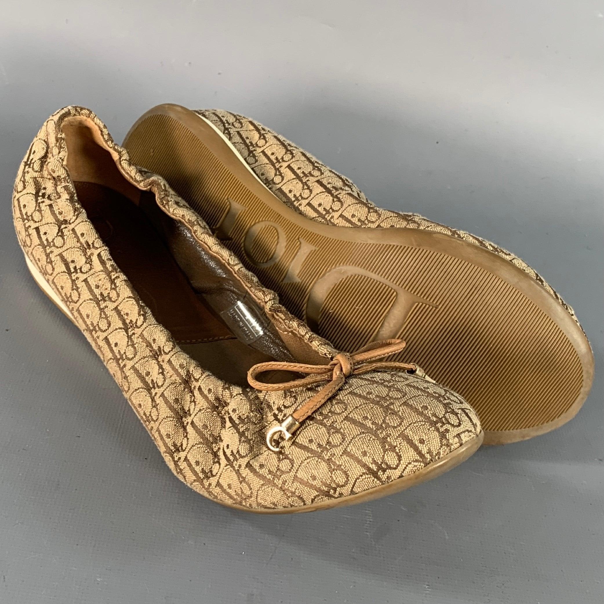 CHRISTIAN DIOR Size 9.5 Tan Brown Canvas Oblique Monogram Slip On Bow Flats For Sale 1
