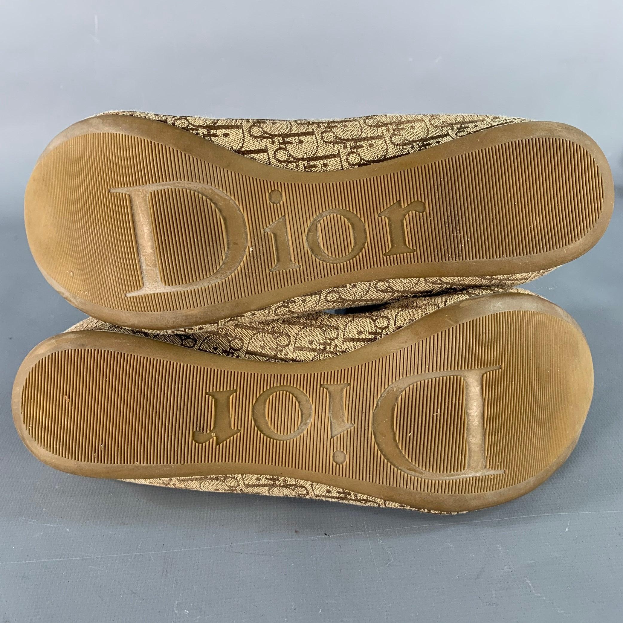 CHRISTIAN DIOR Size 9.5 Tan Brown Canvas Oblique Monogram Slip On Bow Flats For Sale 2