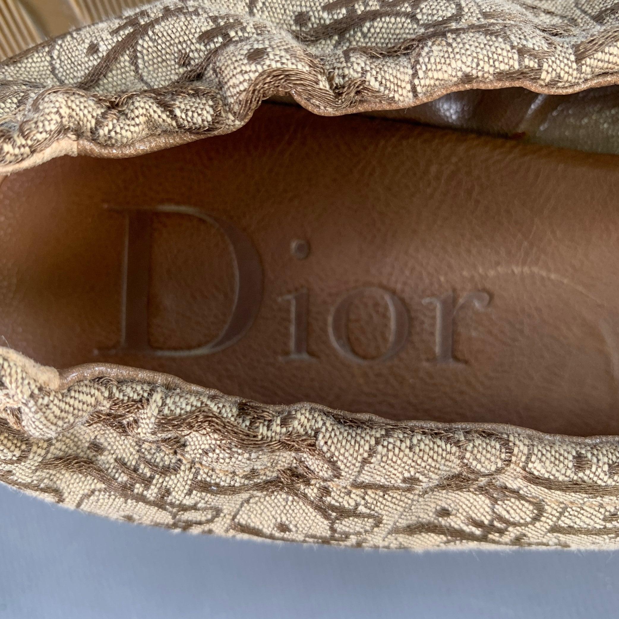 CHRISTIAN DIOR Size 9.5 Tan Brown Canvas Oblique Monogram Slip On Bow Flats For Sale 3