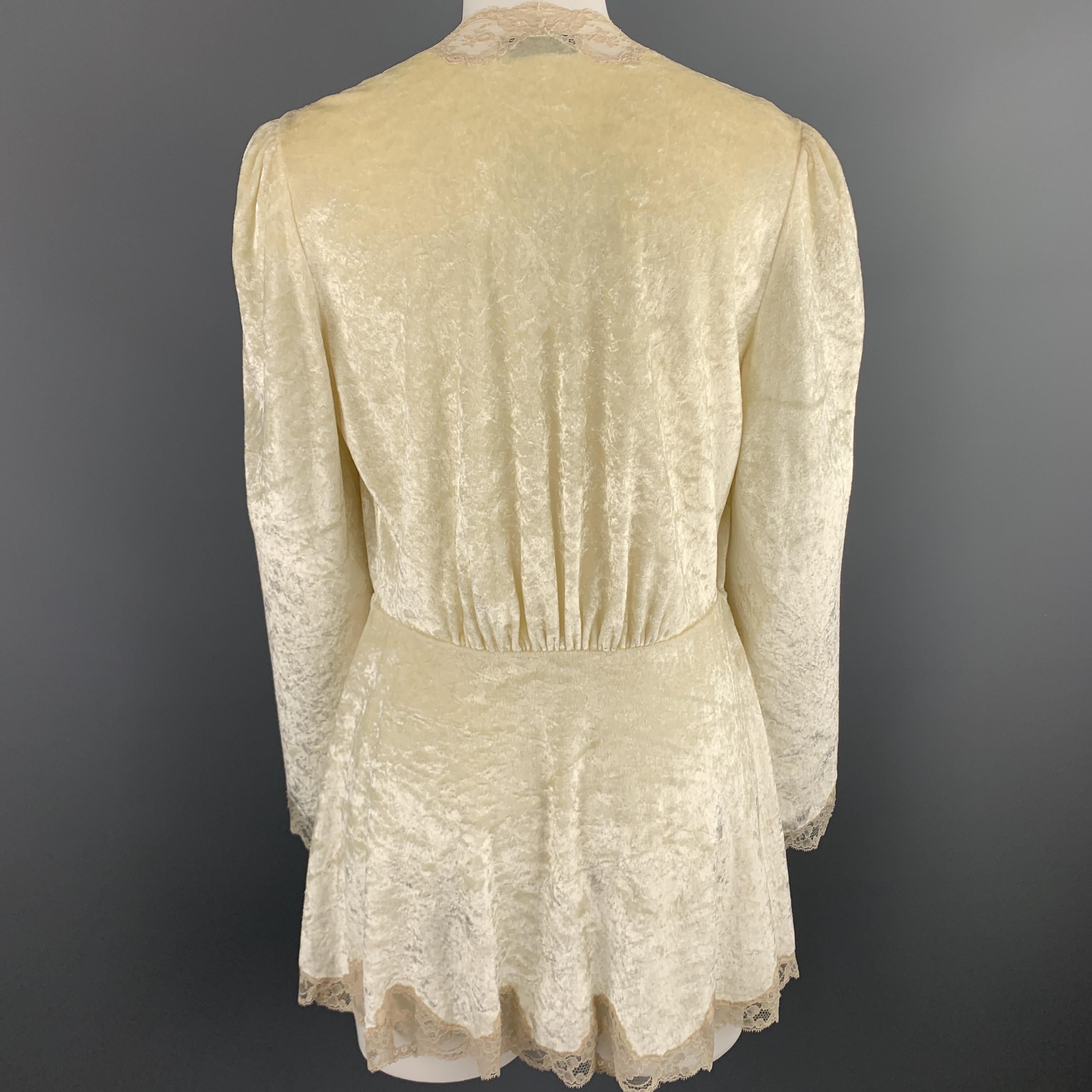 Beige CHRISTIAN DIOR Size M Cream Crushed Velvet Lce Trim Cropped Robe Top