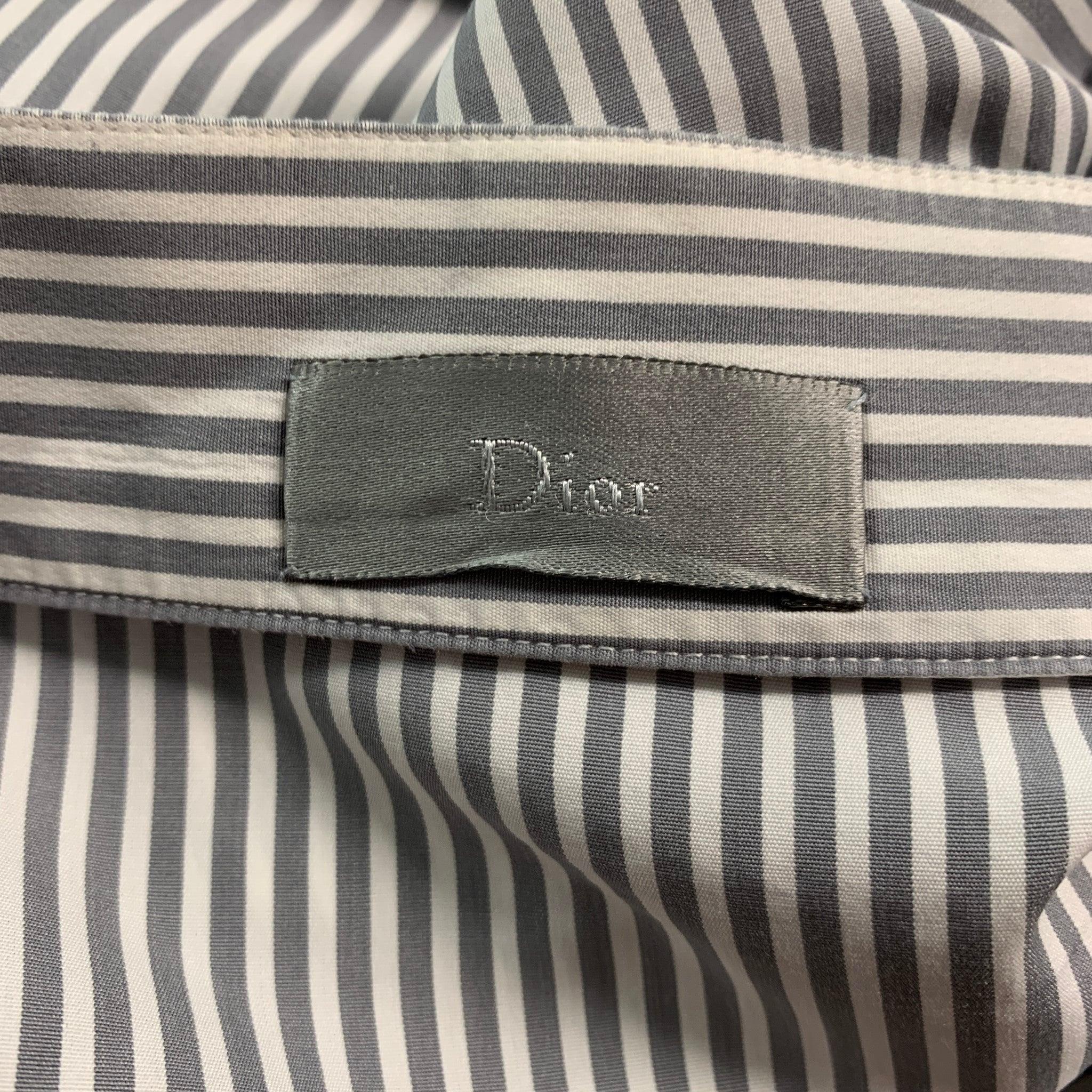 CHRISTIAN DIOR Size M Grey White Stripe Long Sleeve Shirt For Sale 1