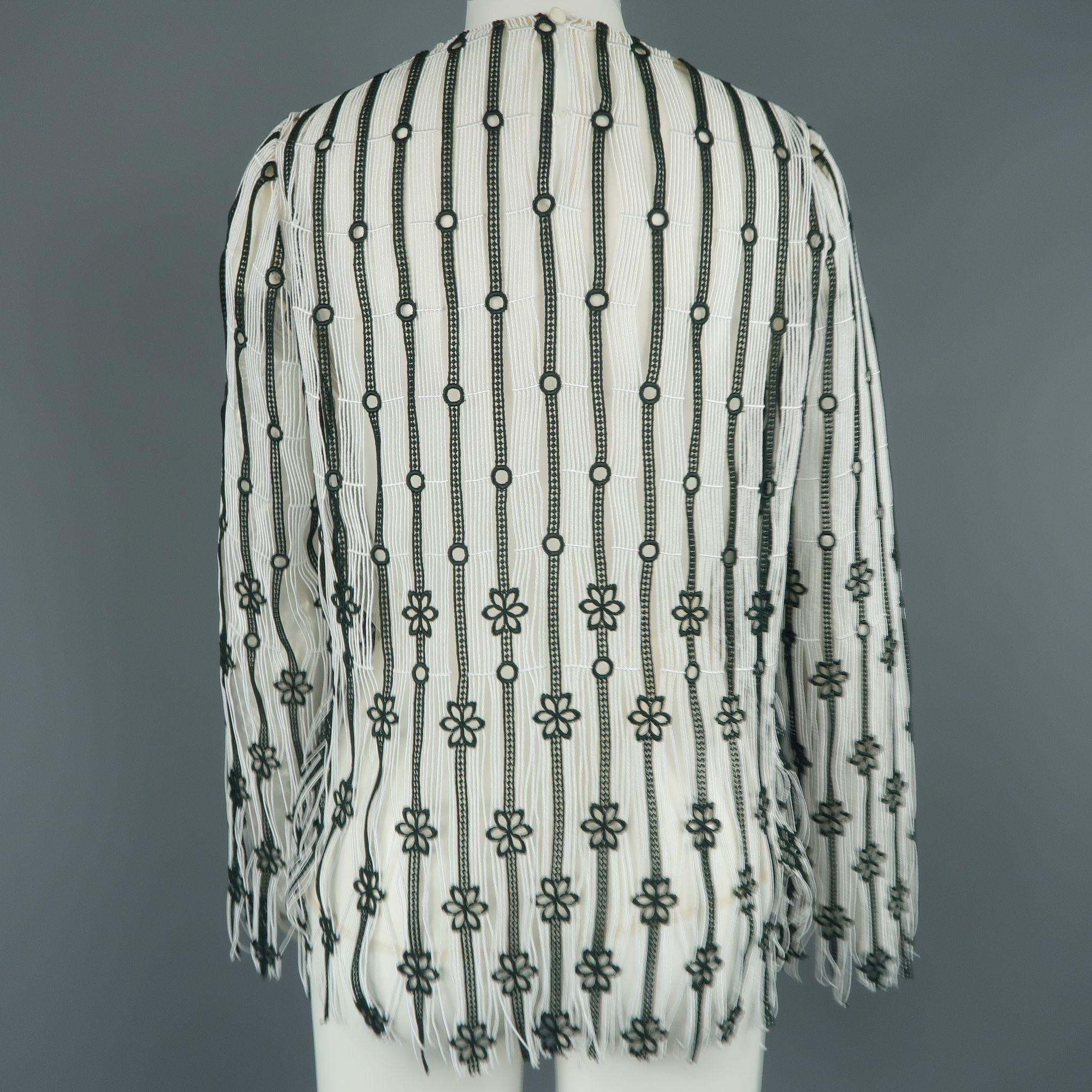 CHRISTIAN DIOR Size XS White & Forest Green Striped Floral Lace Fringe Blouse In Good Condition In San Francisco, CA