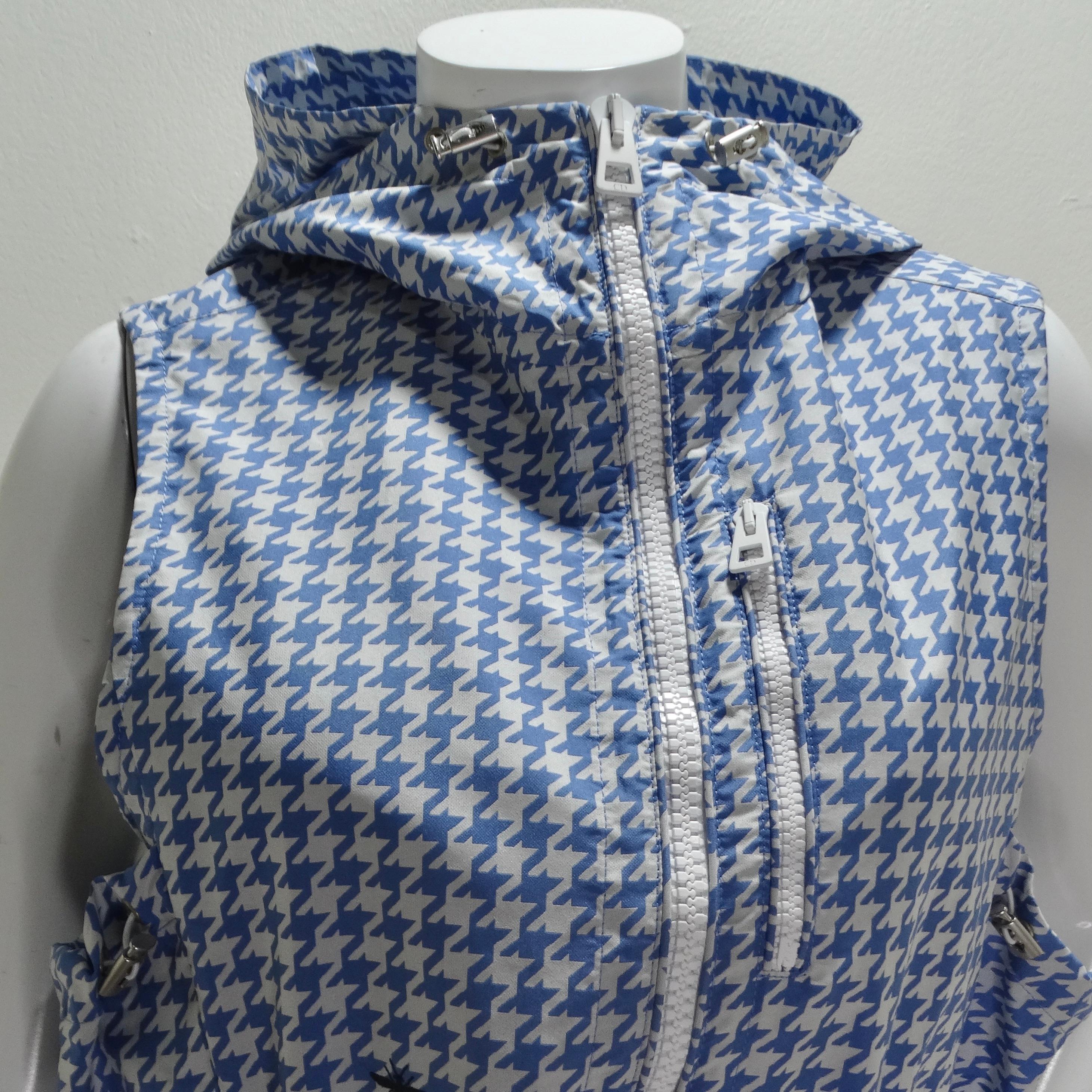 Christian Dior Sleeveless Hooded Vest White & Blue Houndstooth For Sale 1