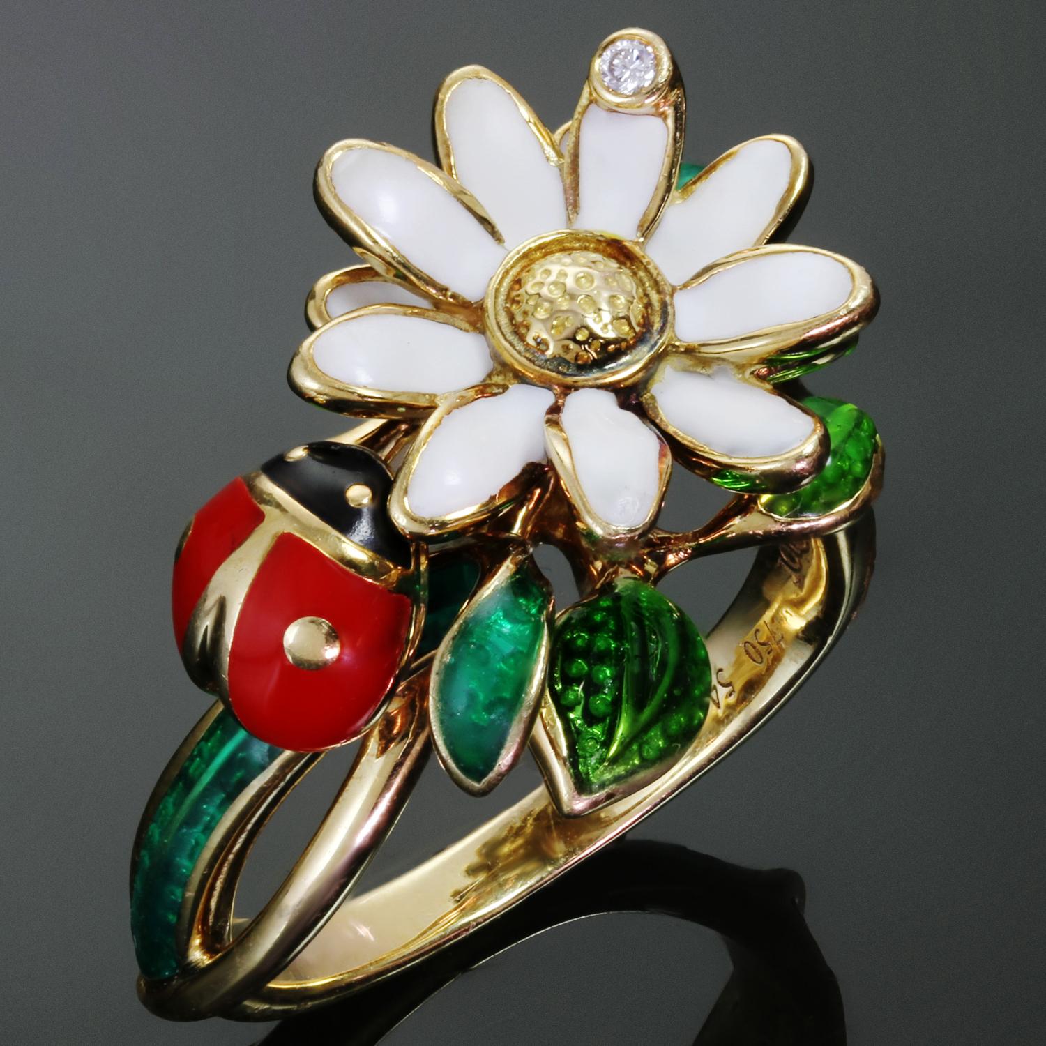 This fantastic Christian Dior ring from the colorful Diorette collection is inspired by Dior's garden in Milly-la-Forêt and features a vibrant floral arrangment accented with a ladybug, crafted in 18k yellow gold, lacquer, and enamel and accented