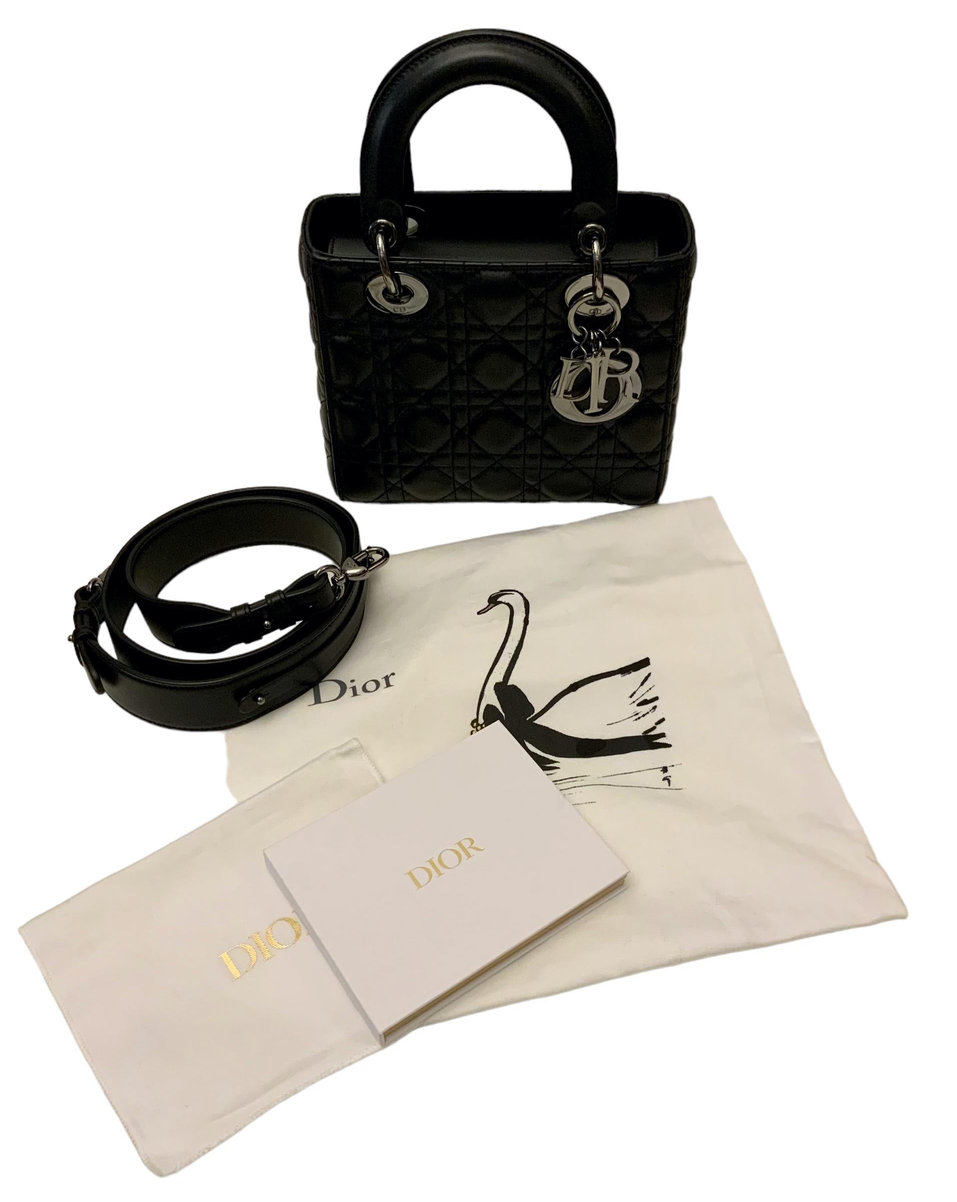 The Lady Dior My ABCDior bag epitomizes Dior's vision of elegance and beauty. 
This pre-owned but in perfect condition is crafted in black lambskin with cannage stitching, creating the instantly recognizable quilted texture. 
Ruthenium finish  