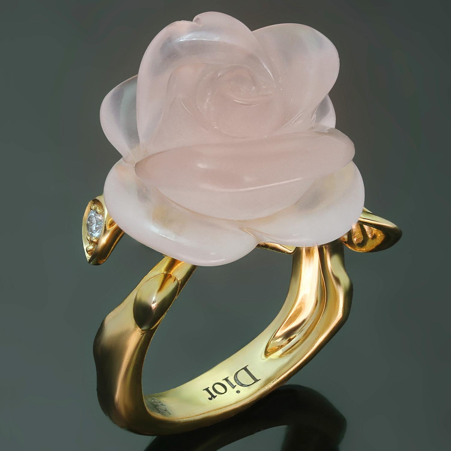 This gorgeous ring from Christian Dior's iconic Pre Catelan collection is crafted in 18k yellow gold and features an elegant rose flower made of pink quartz and accented with round brilliant E-F-G VVS1-VVS2 diamonds weighing an estimated 0.03