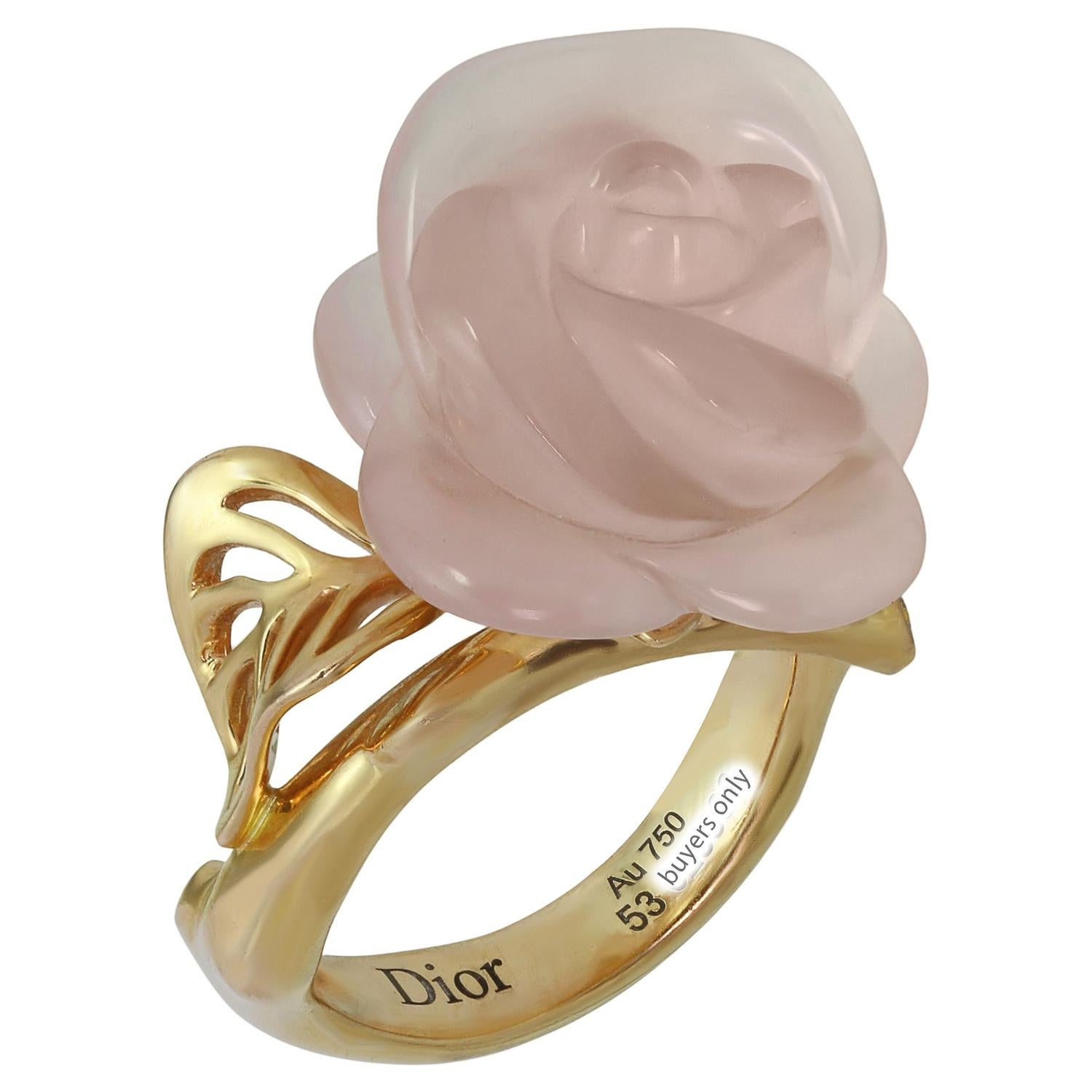 Brilliant Cut Christian Dior Small Rose Dior Pre Catelan Diamond Gold Quartz Ring 53 For Sale