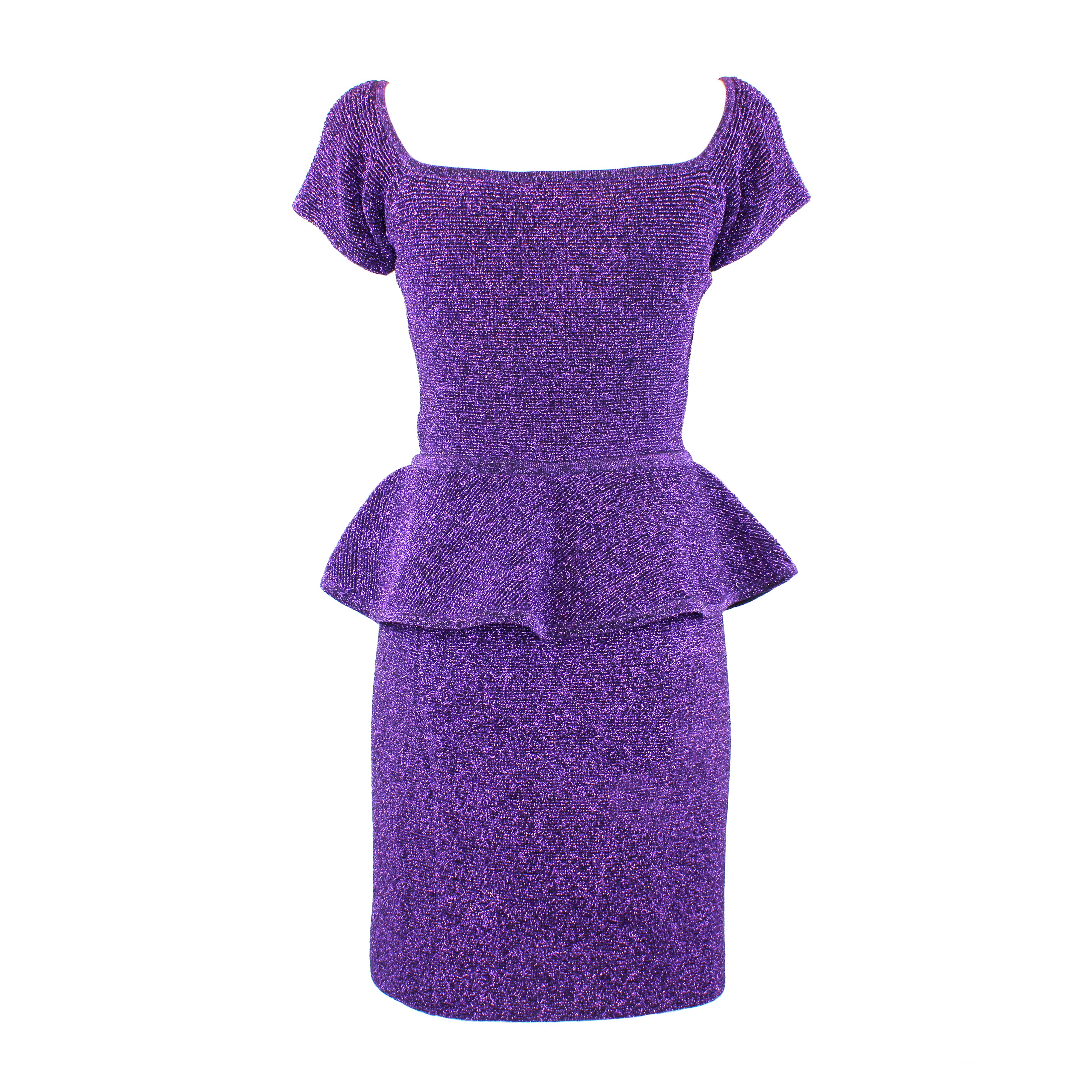 Raro tailleur elástico (top y falda) vintage Christian Dior Boutique brillante, efecto purpurina, color morado, talla 36 FR.