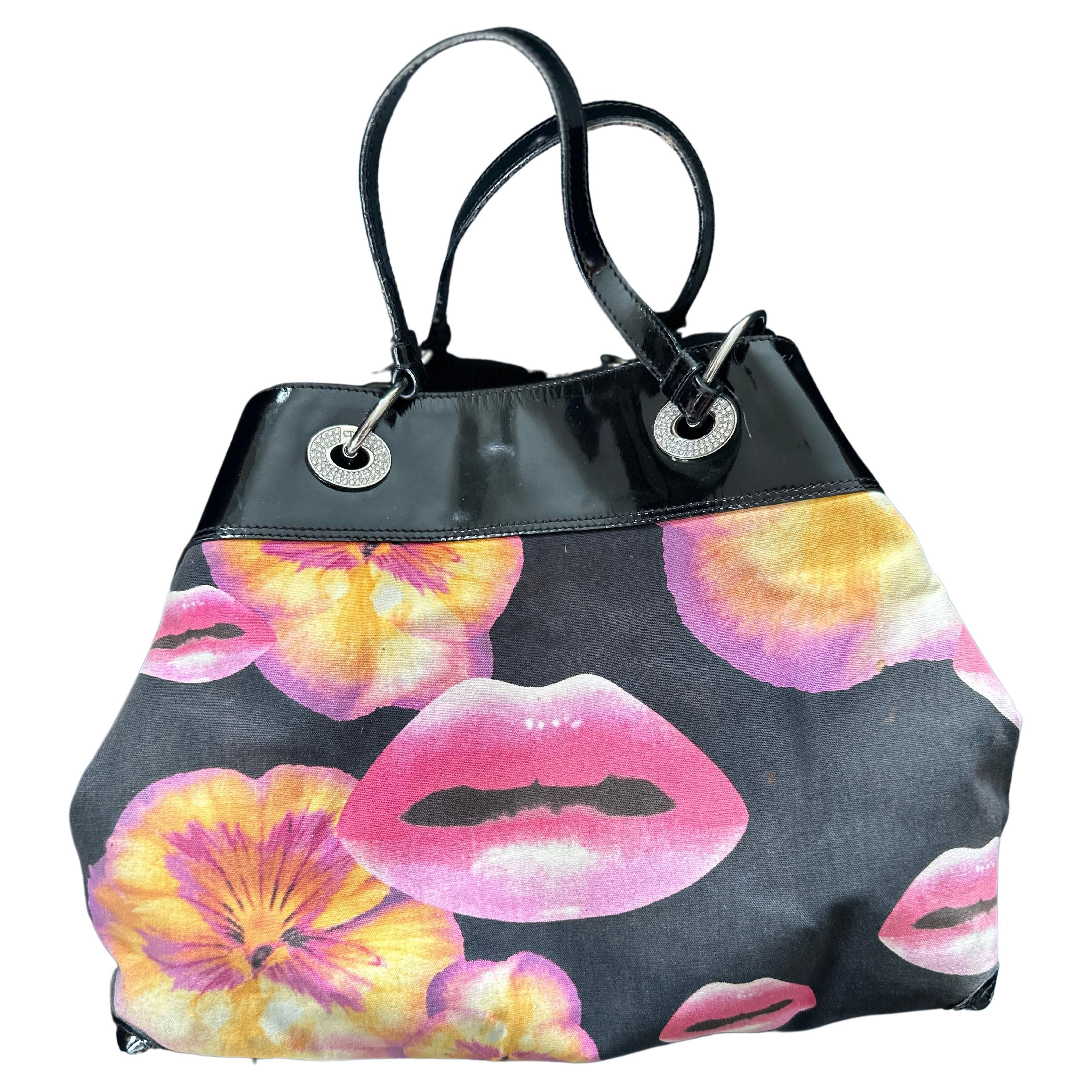 Christian Dior Spring 2005 Surreal Lips and Pansy Print Bag by John Galliano For Sale