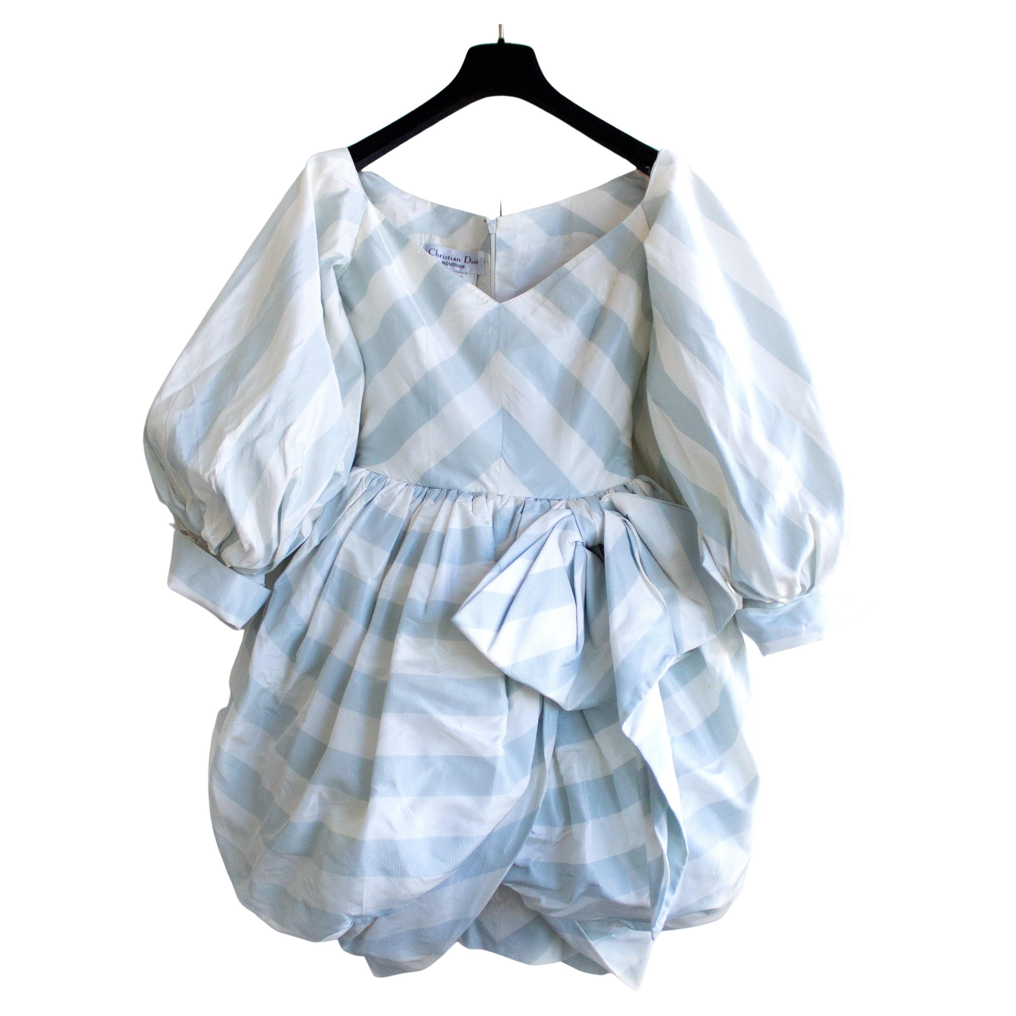 Christian Dior Spring Summer 1993 Numbered Blue White Striped Silk Taffeta Dress