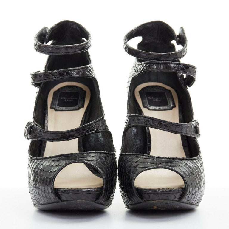 CHRISTIAN DIOR Spy 110 black python multi strap peep toe platform heels ...