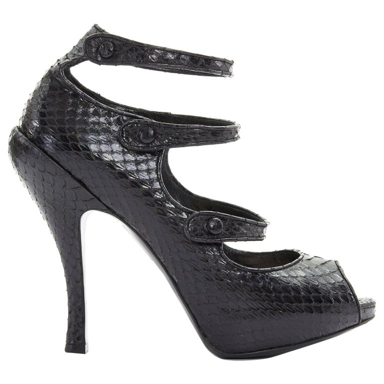 CHRISTIAN DIOR Spy 110 black python multi strap peep toe platform heels ...
