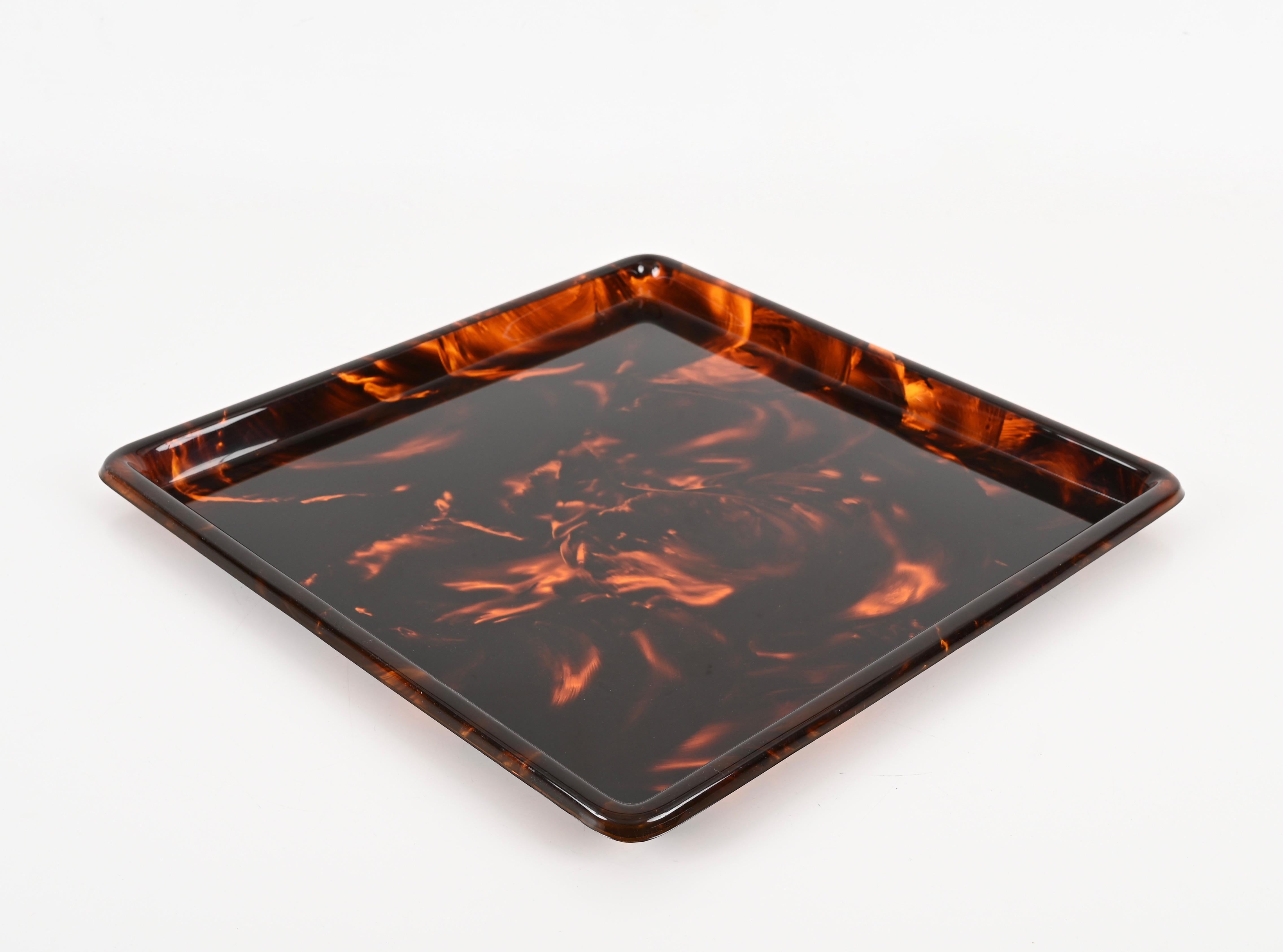 Italian Christian Dior Square Tortoiseshell Effect Lucite Serving Tray, Italy 1970s For Sale